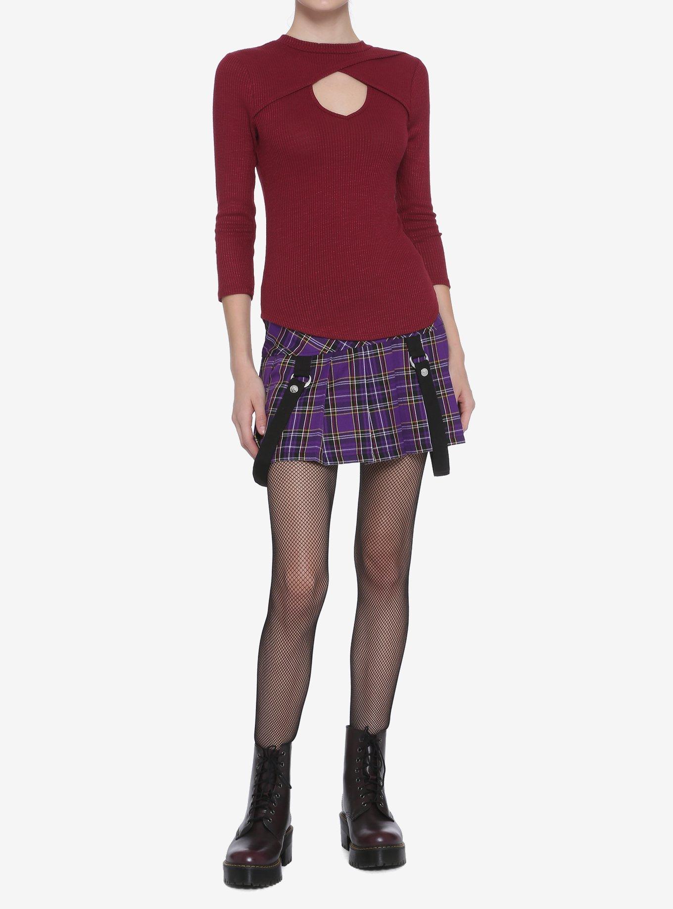 Burgundy Mock Neck Crossover Cut Out Long-Sleeve Top, BURGUNDY, alternate