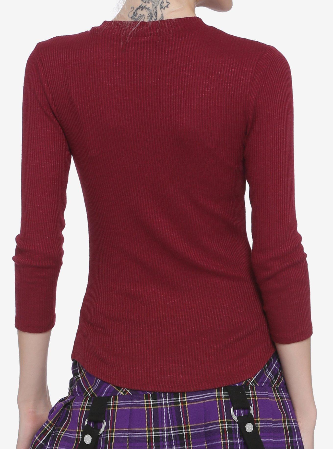 Burgundy Mock Neck Crossover Cut Out Long-Sleeve Top, BURGUNDY, alternate