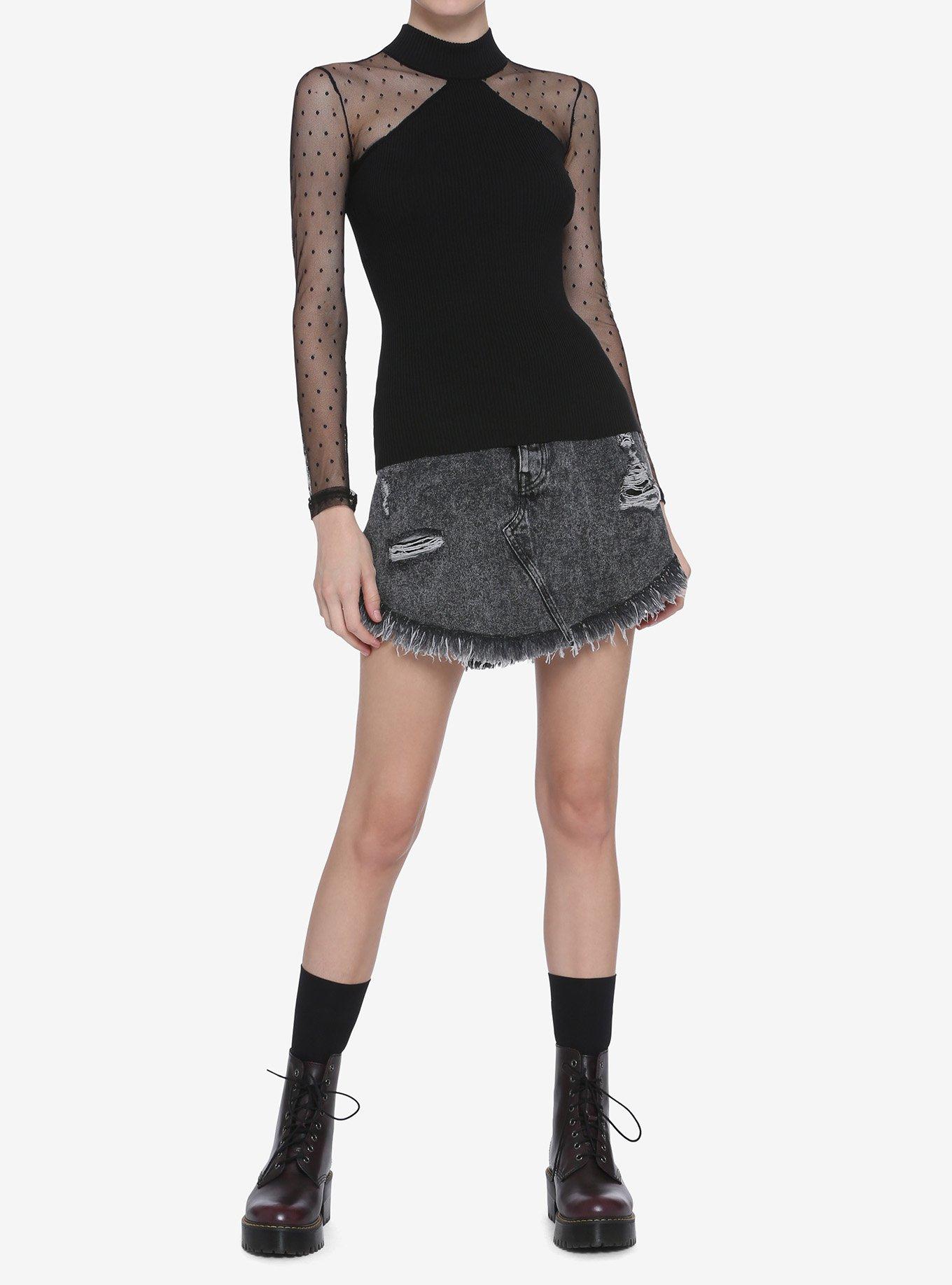 Black Mock Neck Polka Dot Mesh Girls Long-Sleeve Top, BLACK, alternate