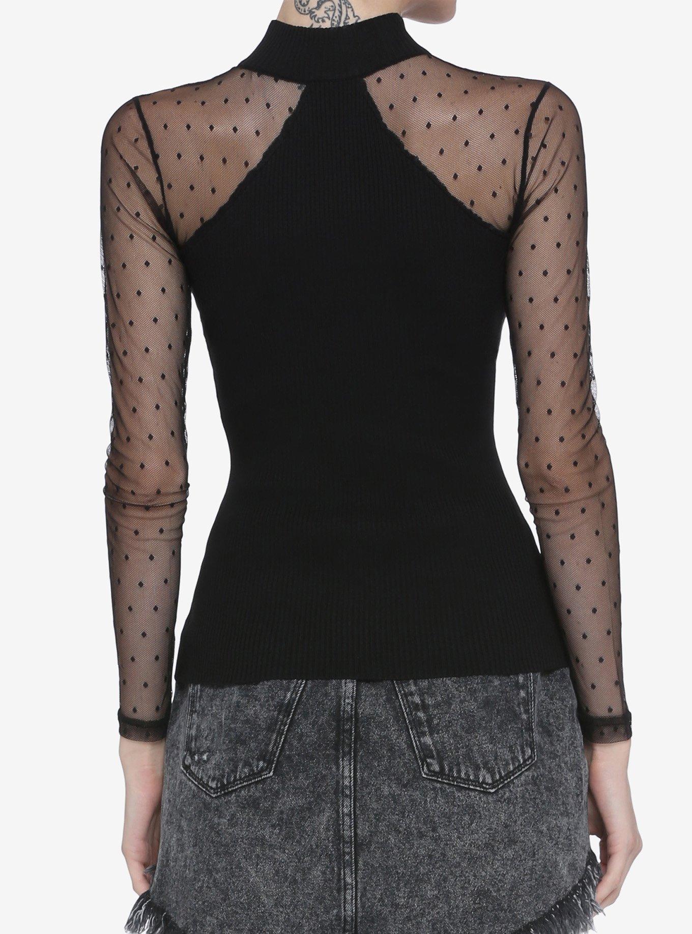 Black Mock Neck Polka Dot Mesh Girls Long-Sleeve Top, BLACK, alternate