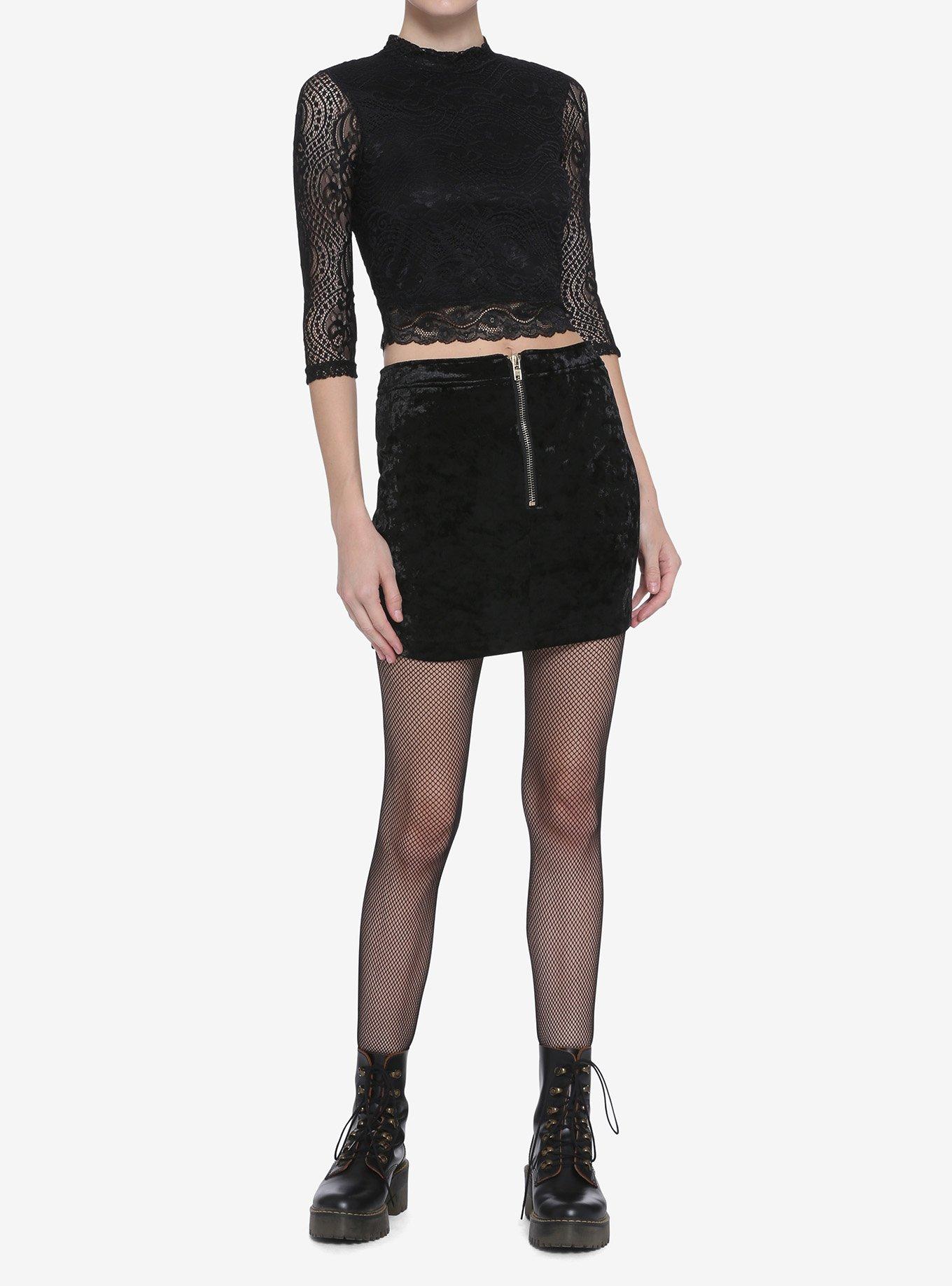 Black Lace Mock Neck Crop Girls Long-Sleeve Top, BLACK, alternate