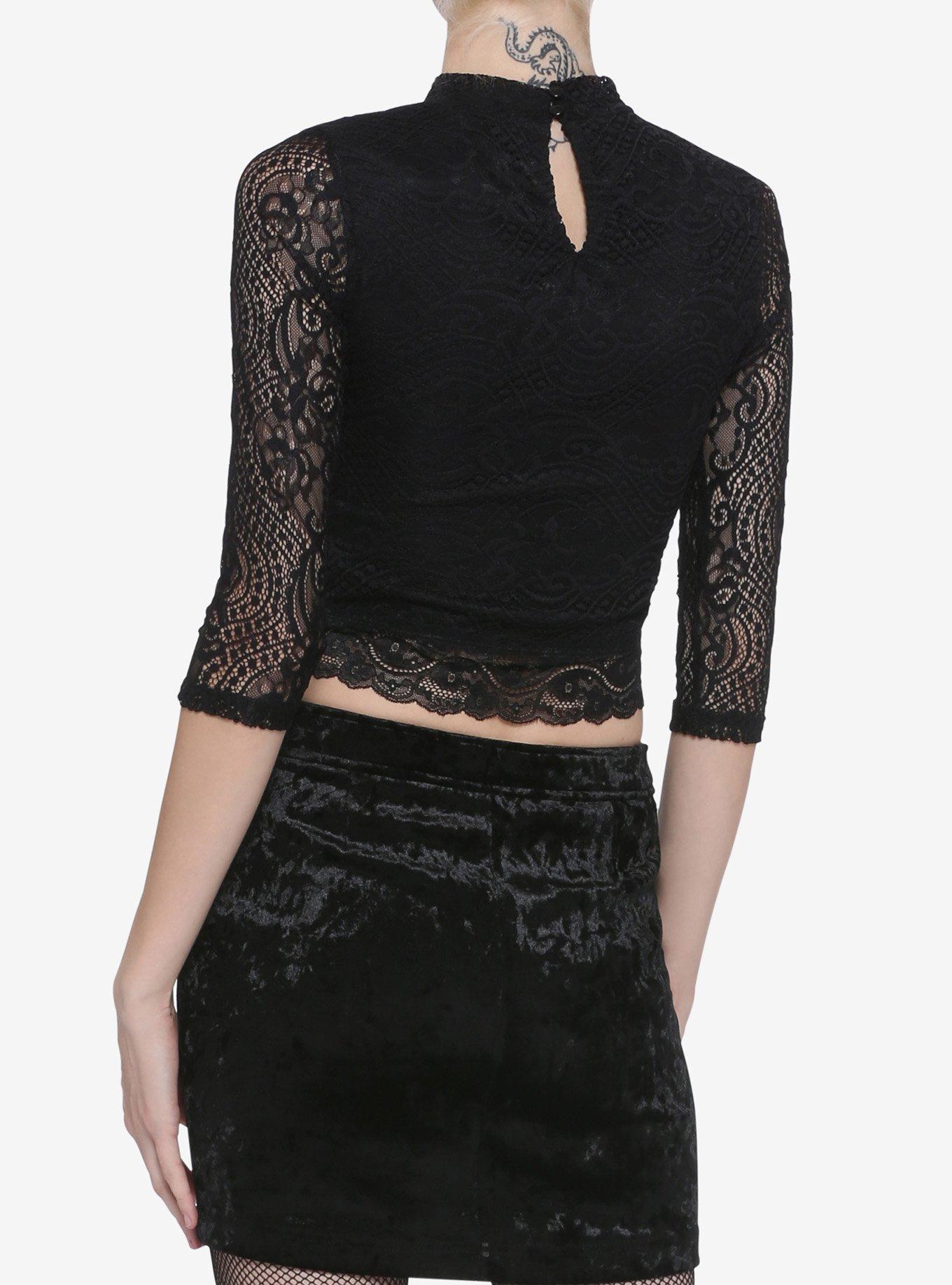 Black Lace Mock Neck Crop Girls Long-Sleeve Top, BLACK, alternate