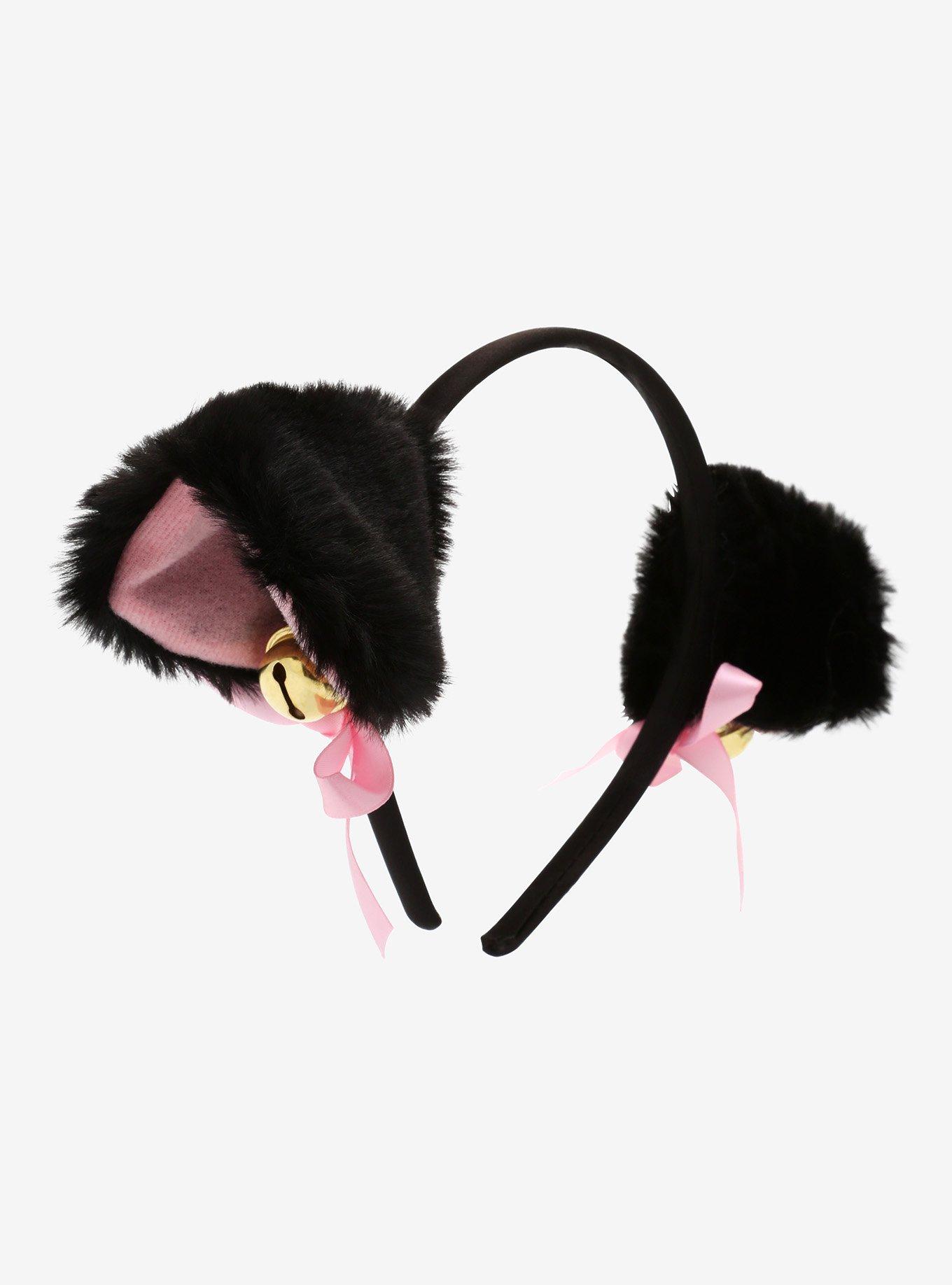 Black & Pink Ribbon Bell Fuzzy Cat Ear Headband, , alternate