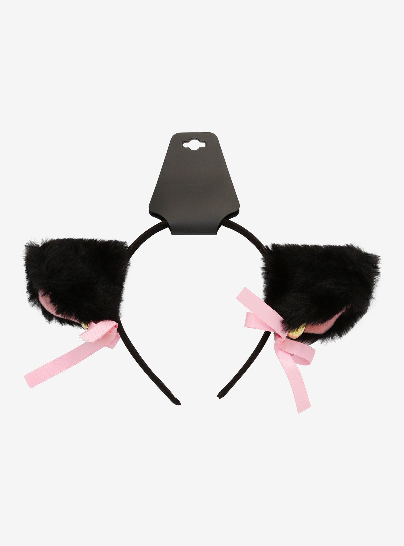 Black & Pink Ribbon Bell Fuzzy Cat Ear Headband, , alternate