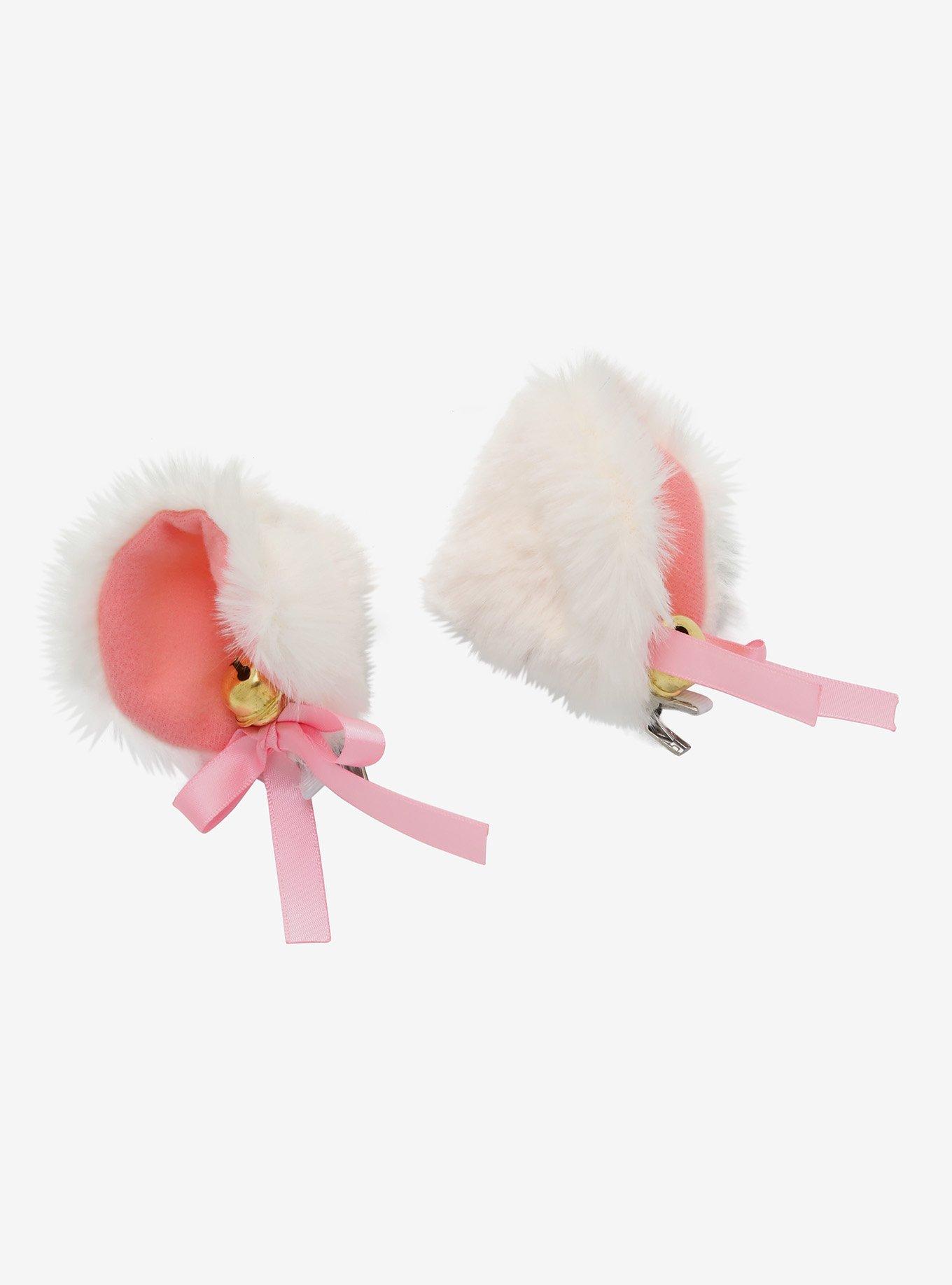 White & Pink Fuzzy Cat Ear Hair Clips, , alternate