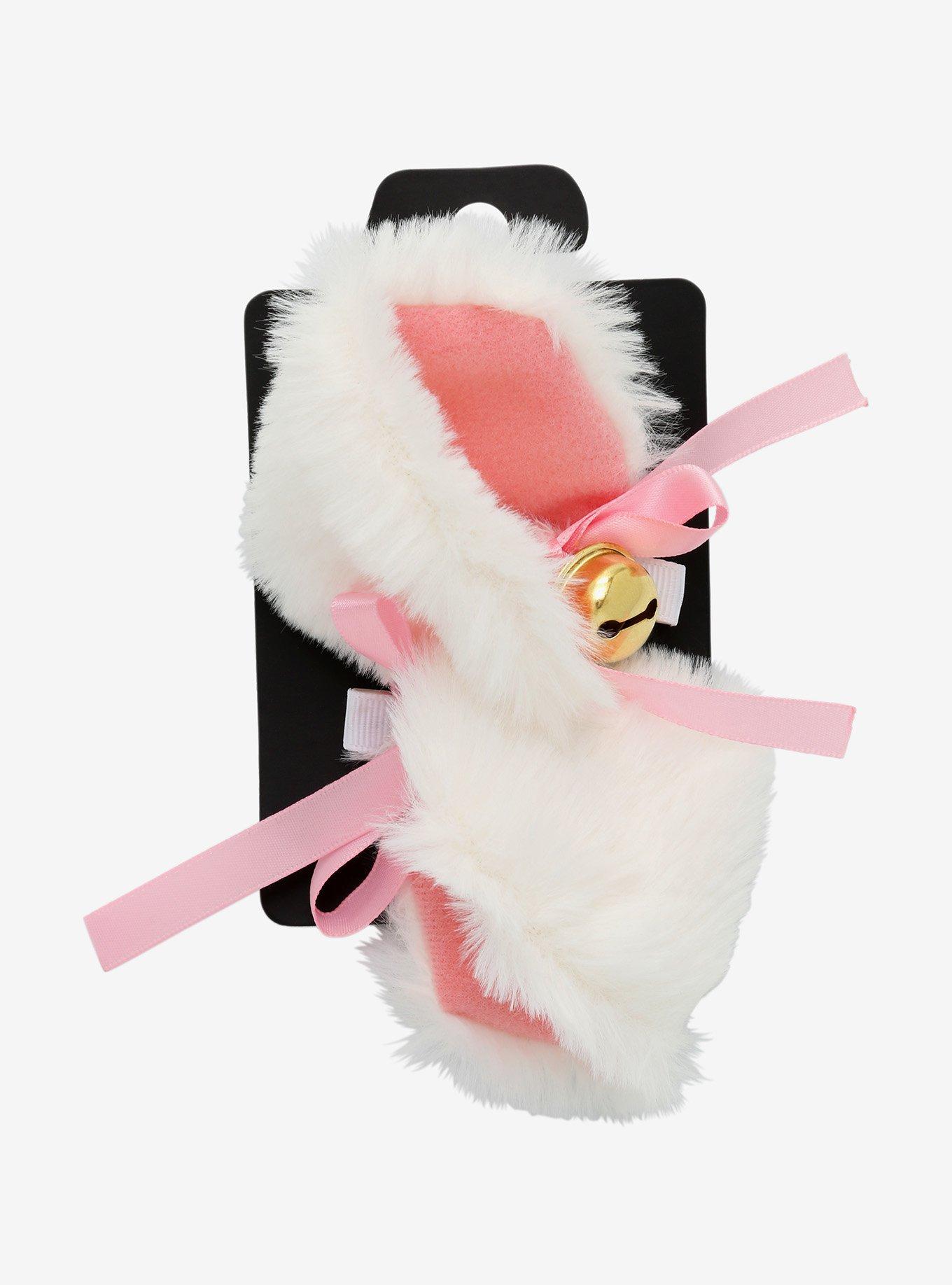 White & Pink Fuzzy Cat Ear Hair Clips, , alternate