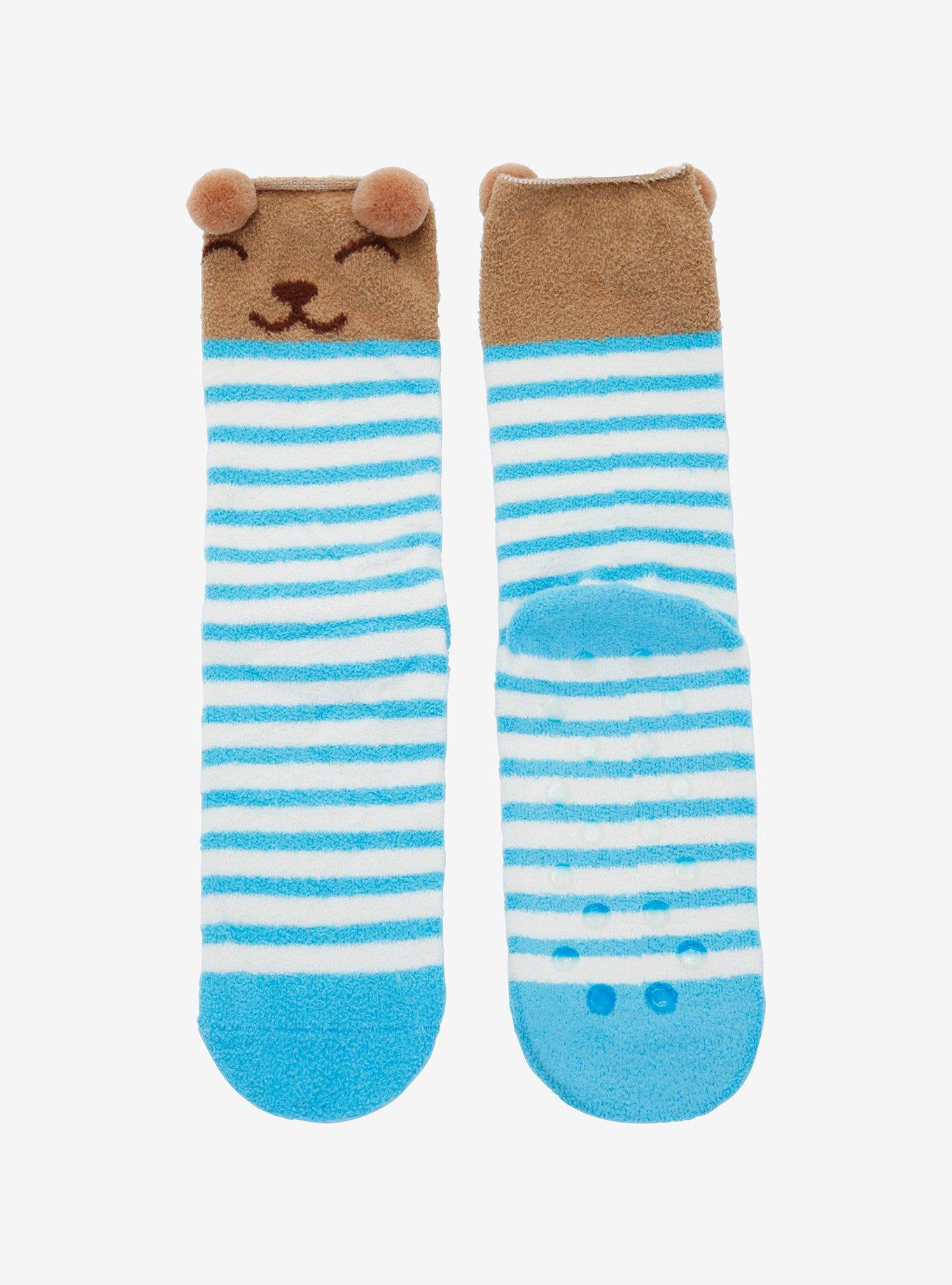 Bear Blue & White Stripe Fuzzy Crew Socks, , alternate