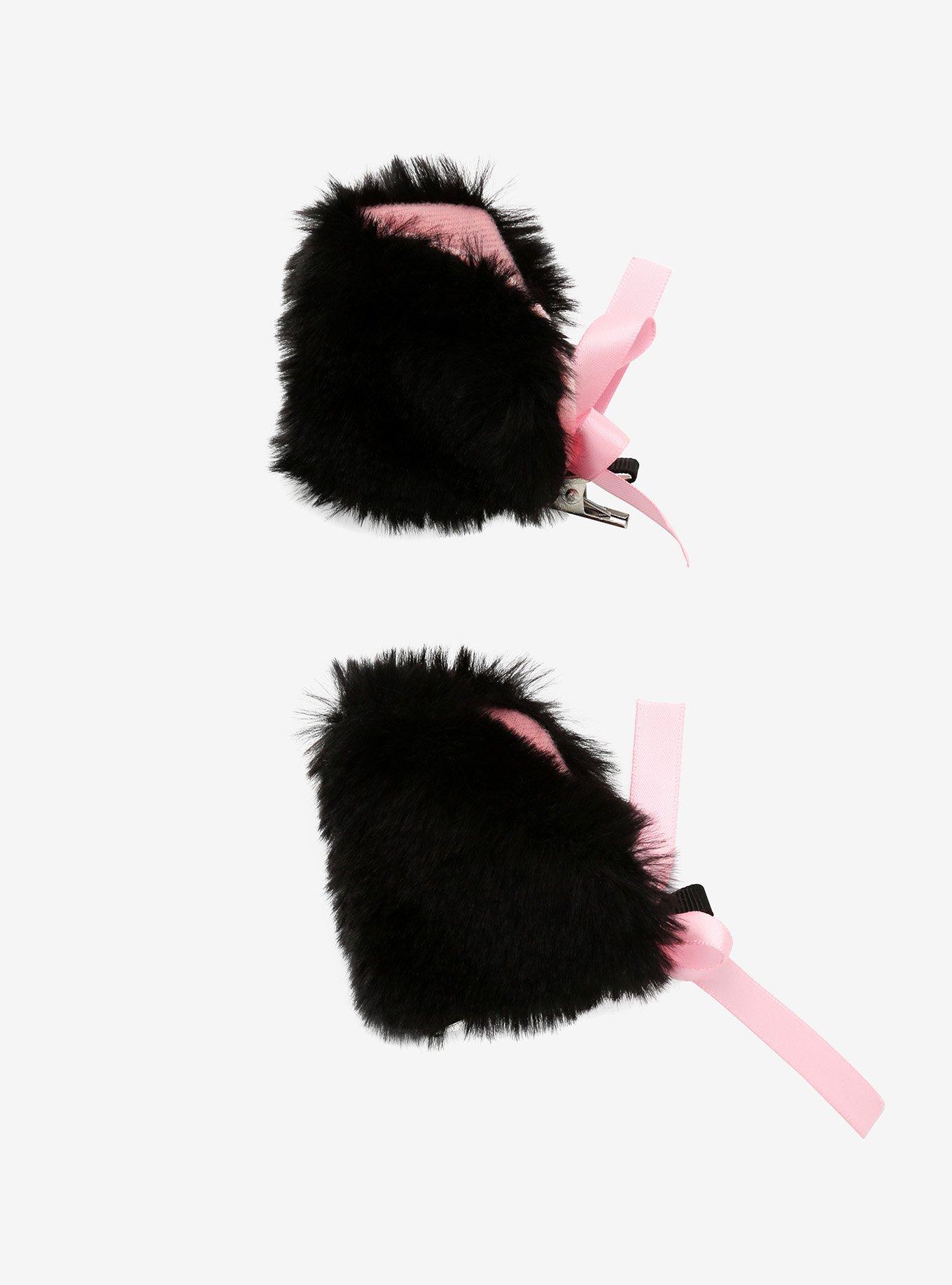 Black & Pink Fuzzy Cat Ear Hair Clips, , alternate