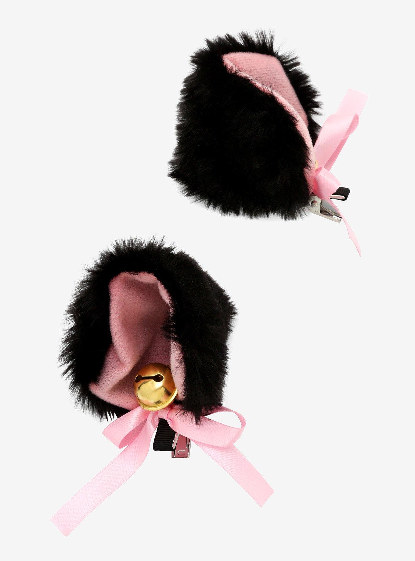 Black & Pink Fuzzy Cat Ear Hair Clips, , alternate