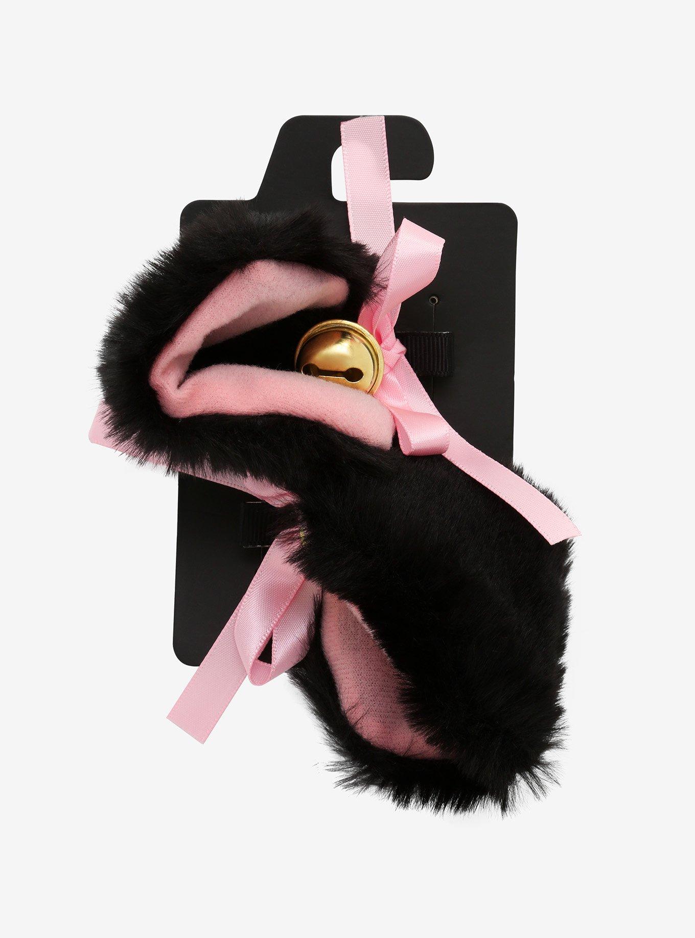 Black & Pink Fuzzy Cat Ear Hair Clips, , alternate