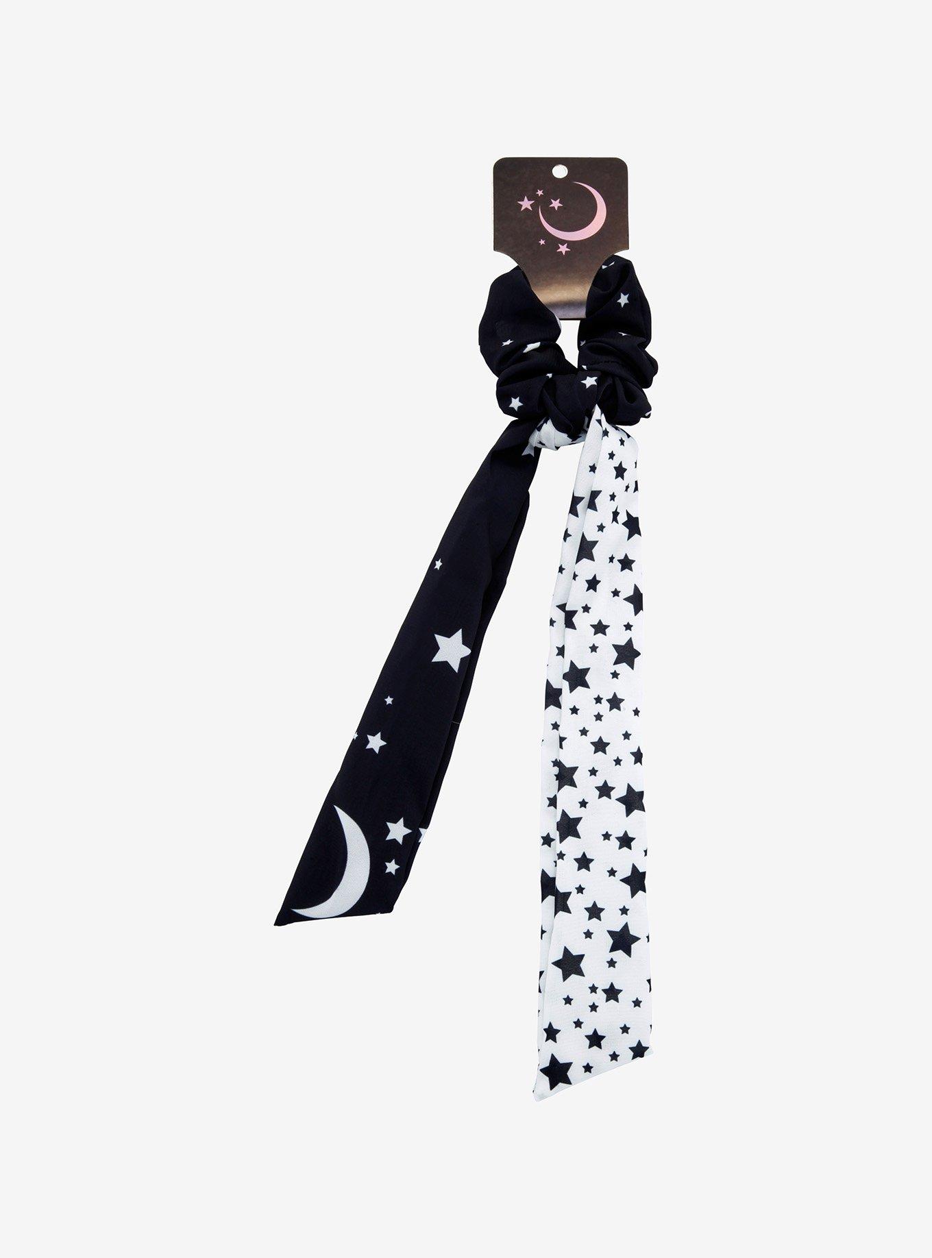 Black & White Split Star Long Bow Scrunchie, , alternate