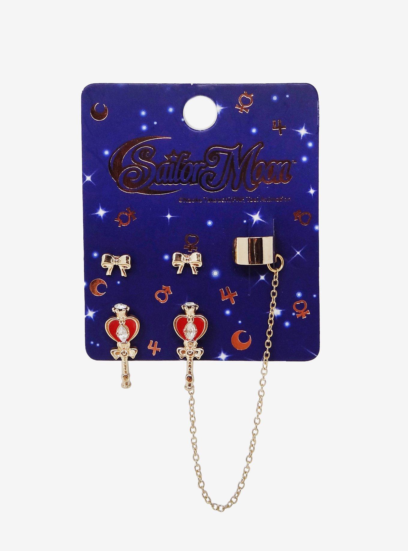 Sailor Moon Spiral Heart Moon Rod & Bow Cuff Earring Set, , alternate