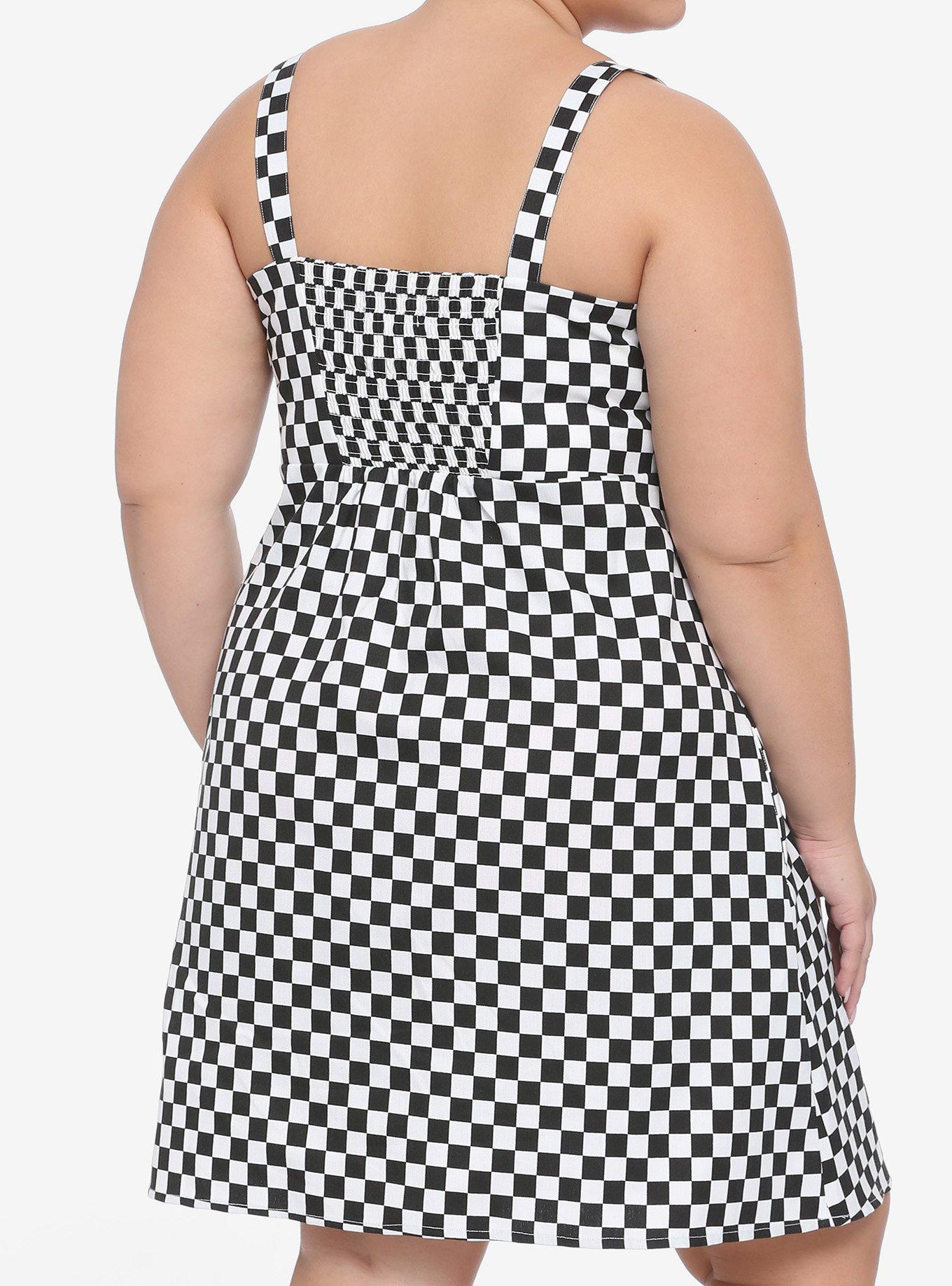 Black & White Checkered Buckle Strap Pinafore Dress Plus Size, BLACK, alternate
