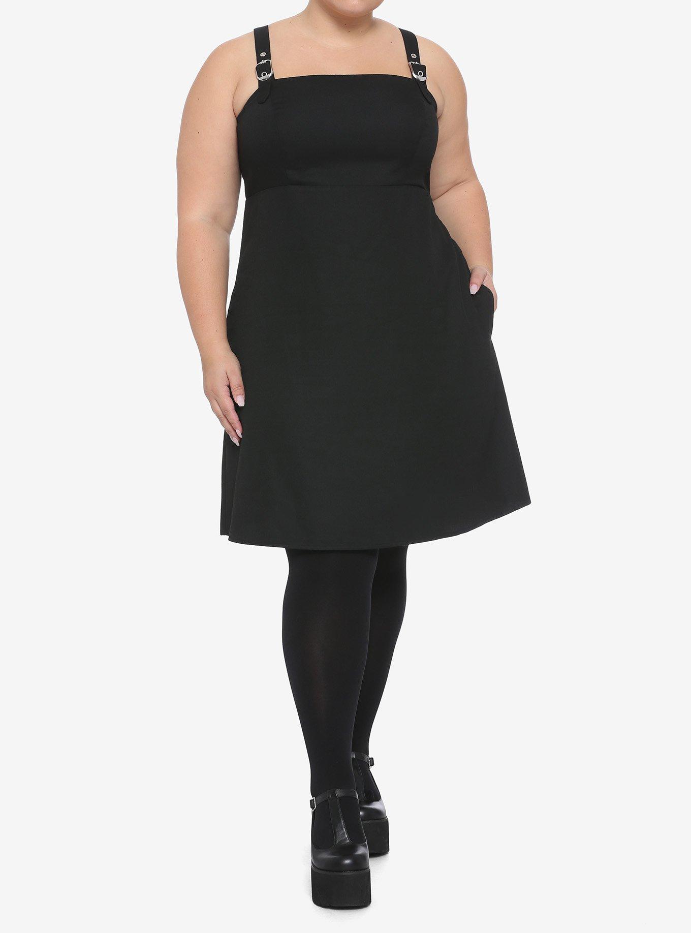 Black Buckle Strap Pinafore Dress Plus Size, BLACK, alternate