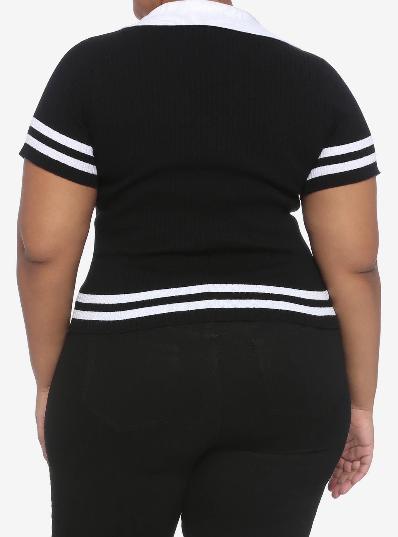 Black & White Coffin Crop Girls Polo Shirt Plus Size, BLACK, alternate