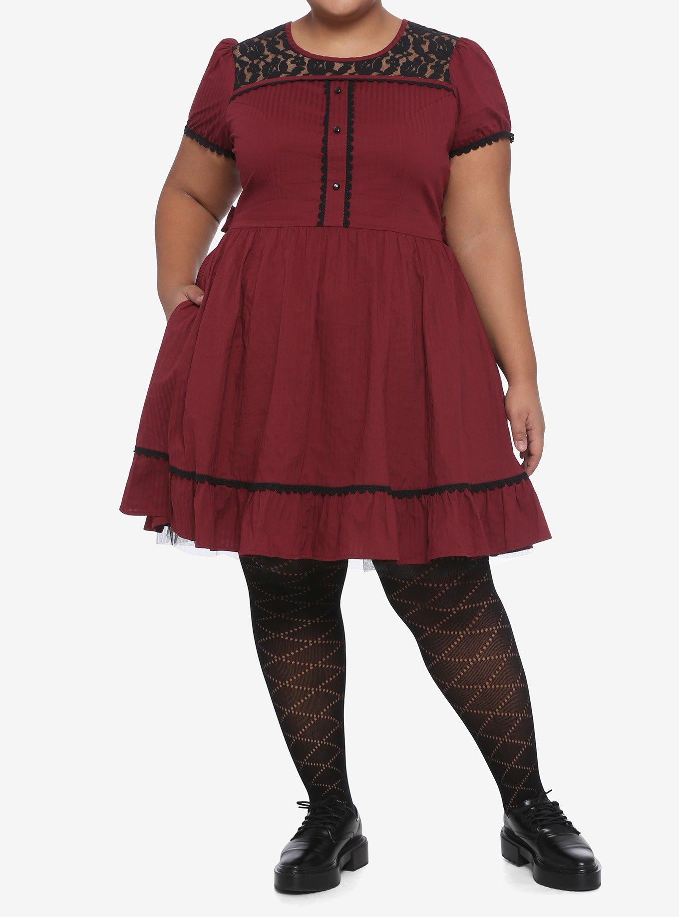 Burgundy & Black Lace Panel Dress Plus Size, MERLOT, alternate