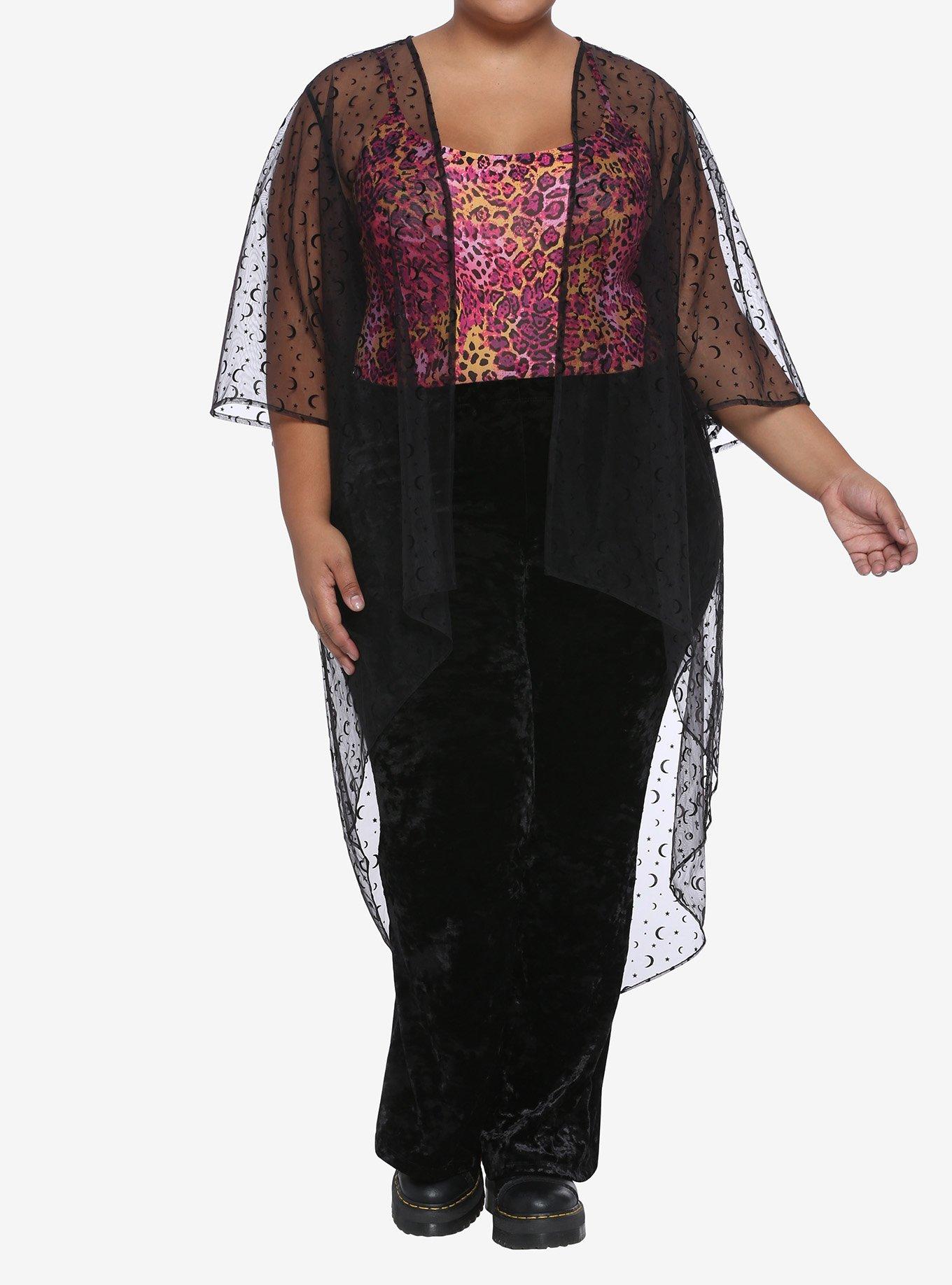 Flocked Moons Sheer Hi-Low Hem Kimono Plus Size, BLACK, alternate