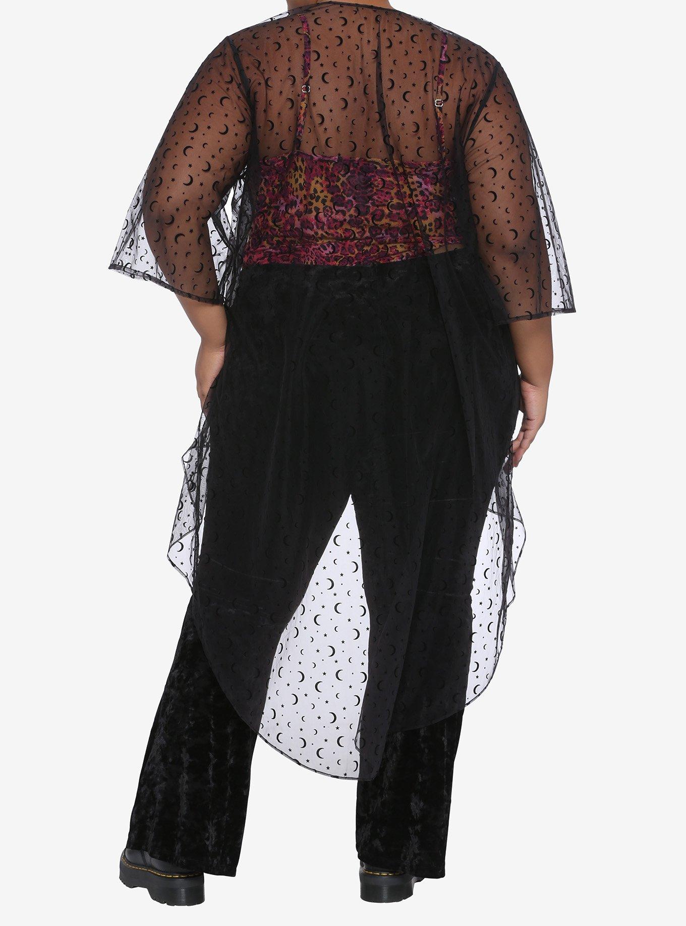 Flocked Moons Sheer Hi-Low Hem Kimono Plus Size, BLACK, alternate