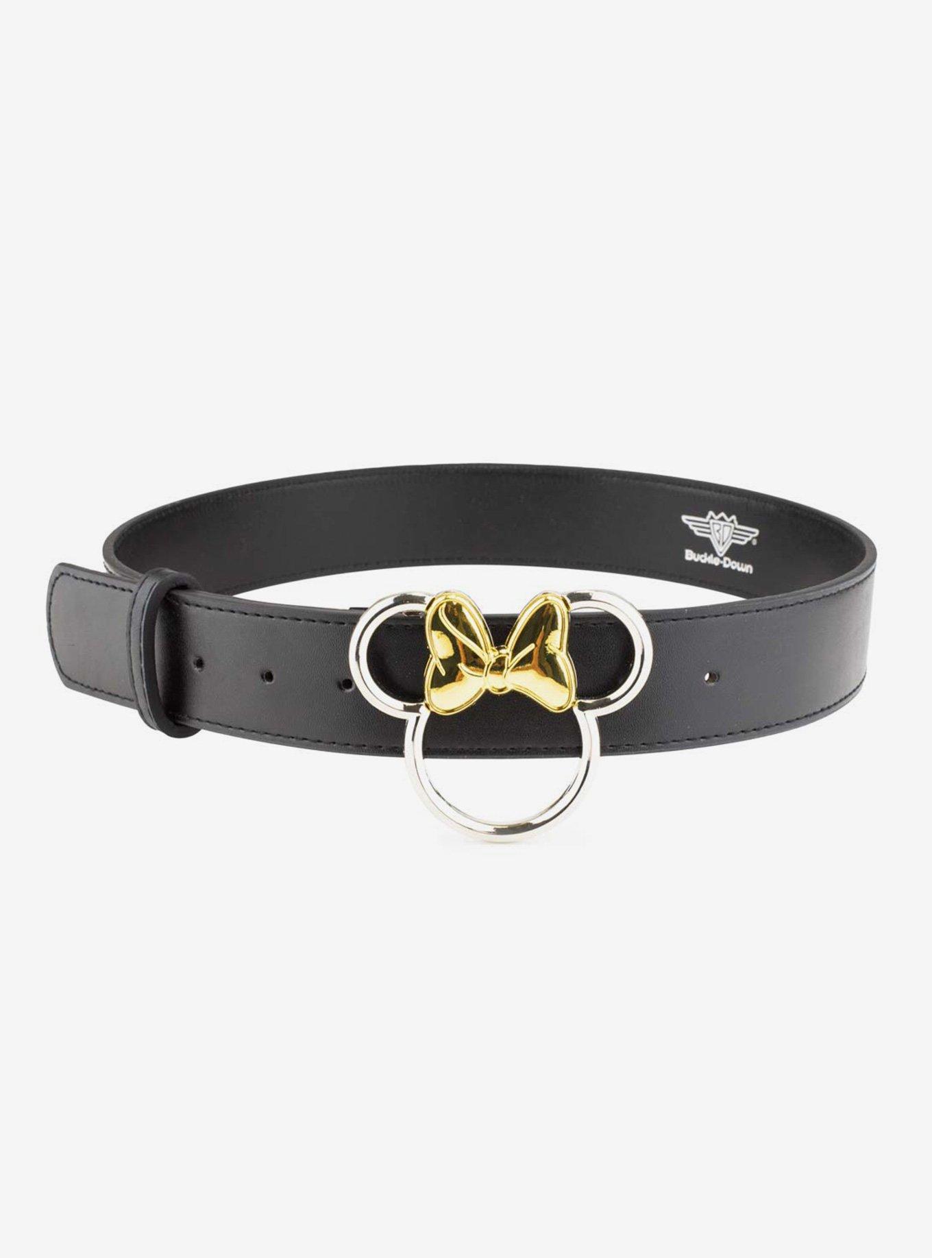 Disney Minnie Mouse Figural Silver and Gold Buckle Vegan Leather Belt, , hi-res