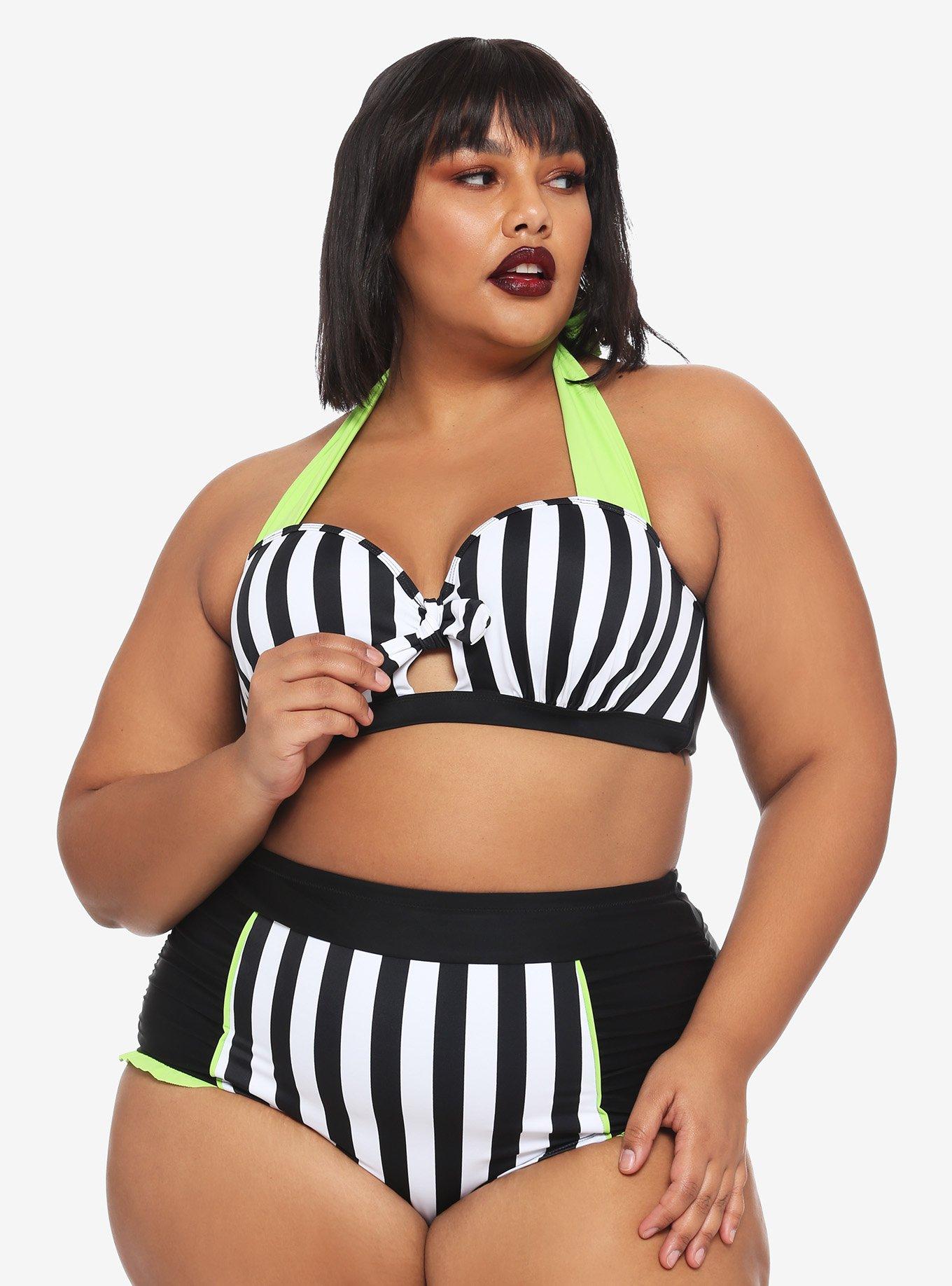 Beetlejuice Stripe Halter Swim Top Plus Size, MULTI, alternate