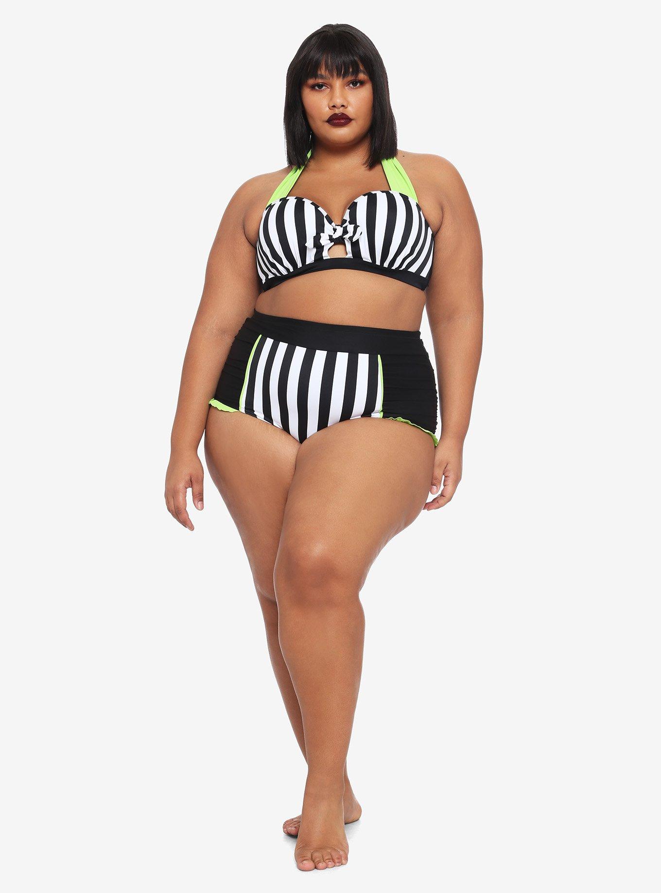 Beetlejuice Stripe Halter Swim Top Plus Size, MULTI, alternate