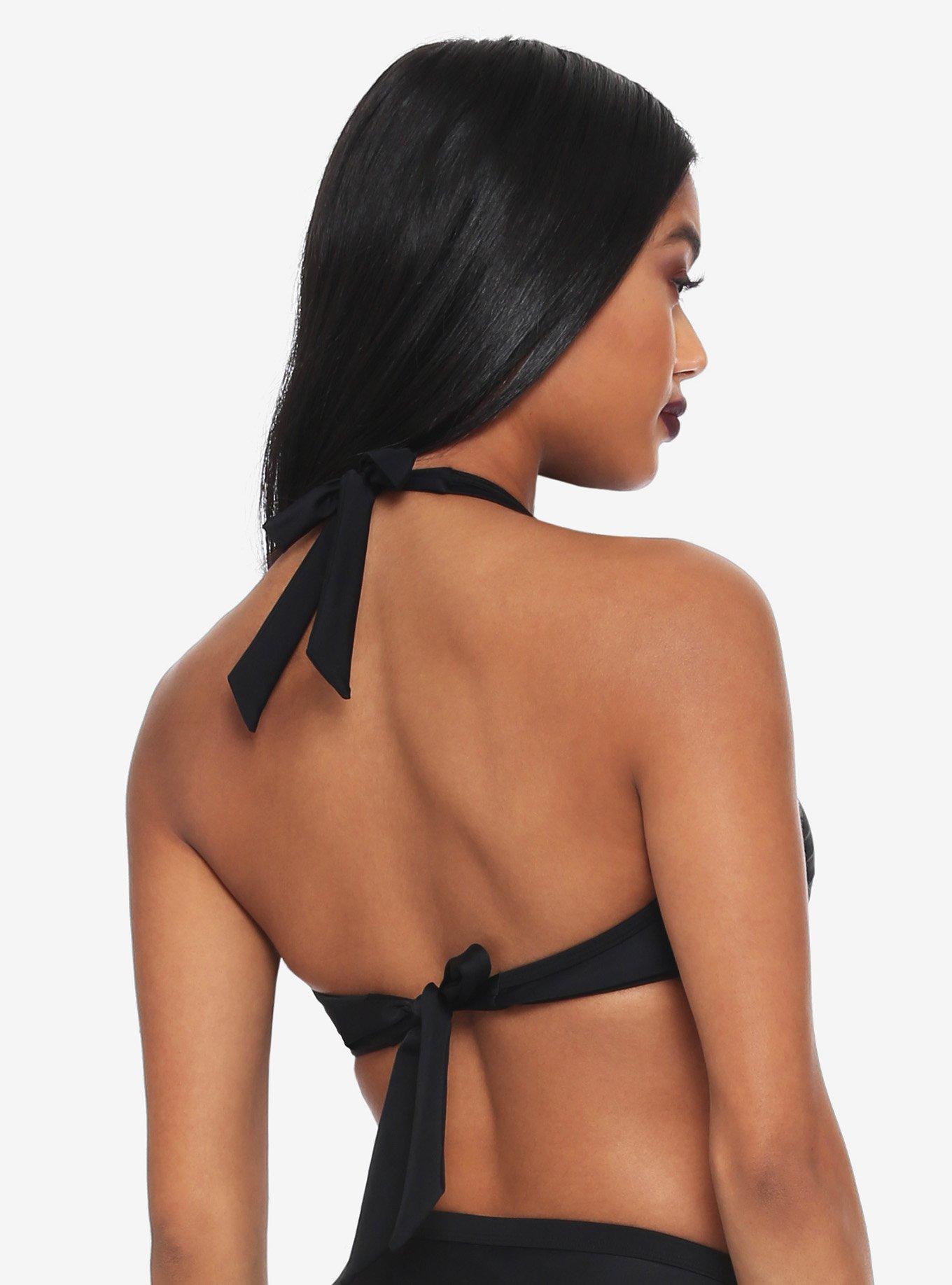 Black Fishnet Grommet Halter Swim Top, BLACK, alternate