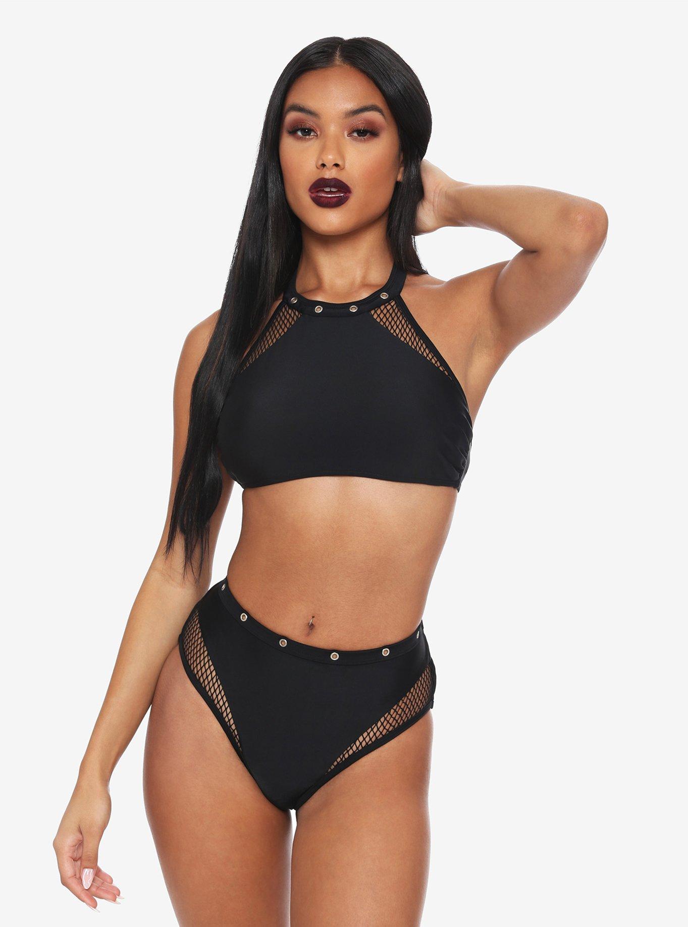 Black Fishnet Grommet High-Waisted Swim Bottoms, BLACK, alternate