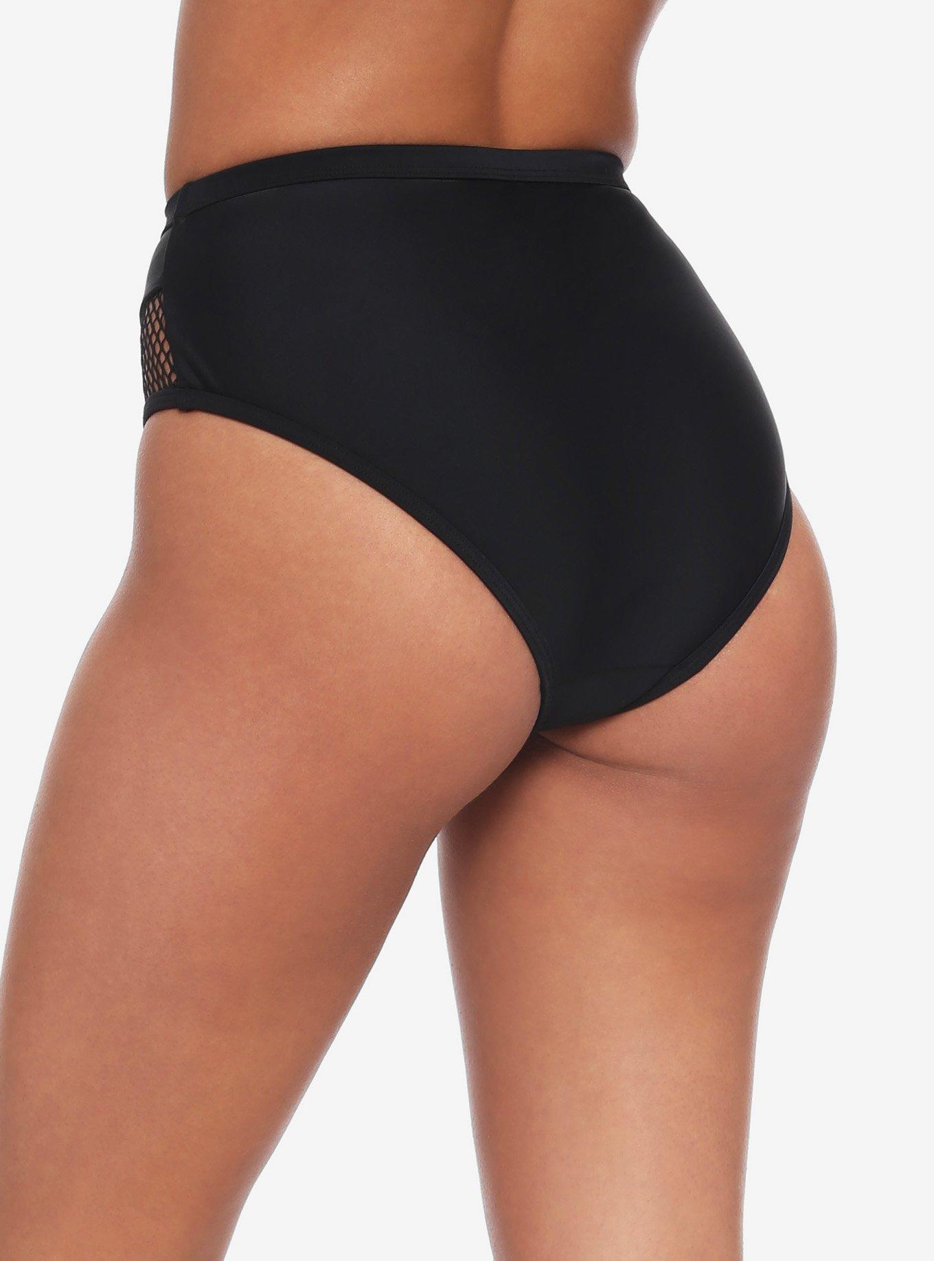 Black Fishnet Grommet High-Waisted Swim Bottoms, BLACK, alternate