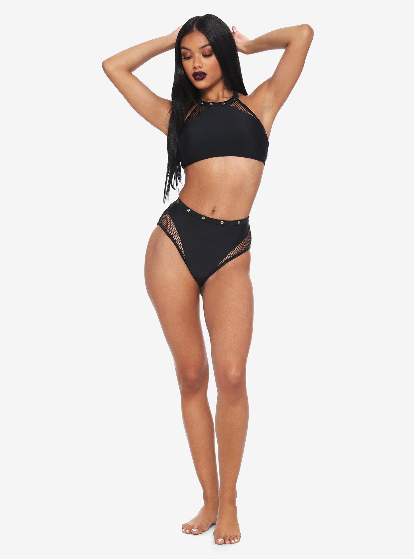 Black Fishnet Grommet High-Waisted Swim Bottoms, BLACK, alternate
