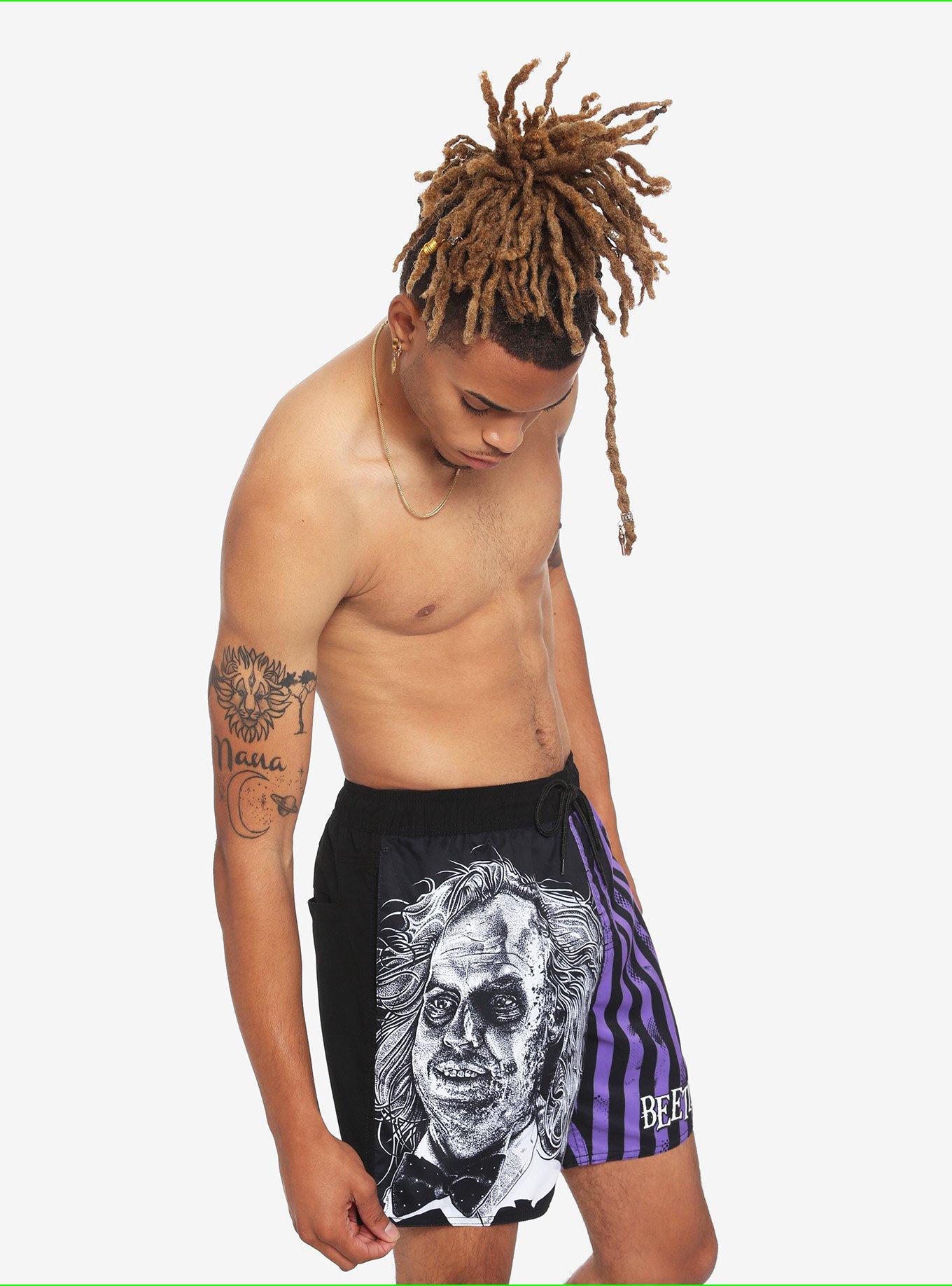 Beetlejuice Purple & Black Stripe Swim Trunks, MULTI, alternate