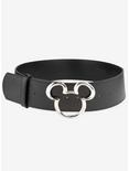 Disney Mickey Mouse Ears Silver Buckle Vegan Leather Belt, BLACK, alternate