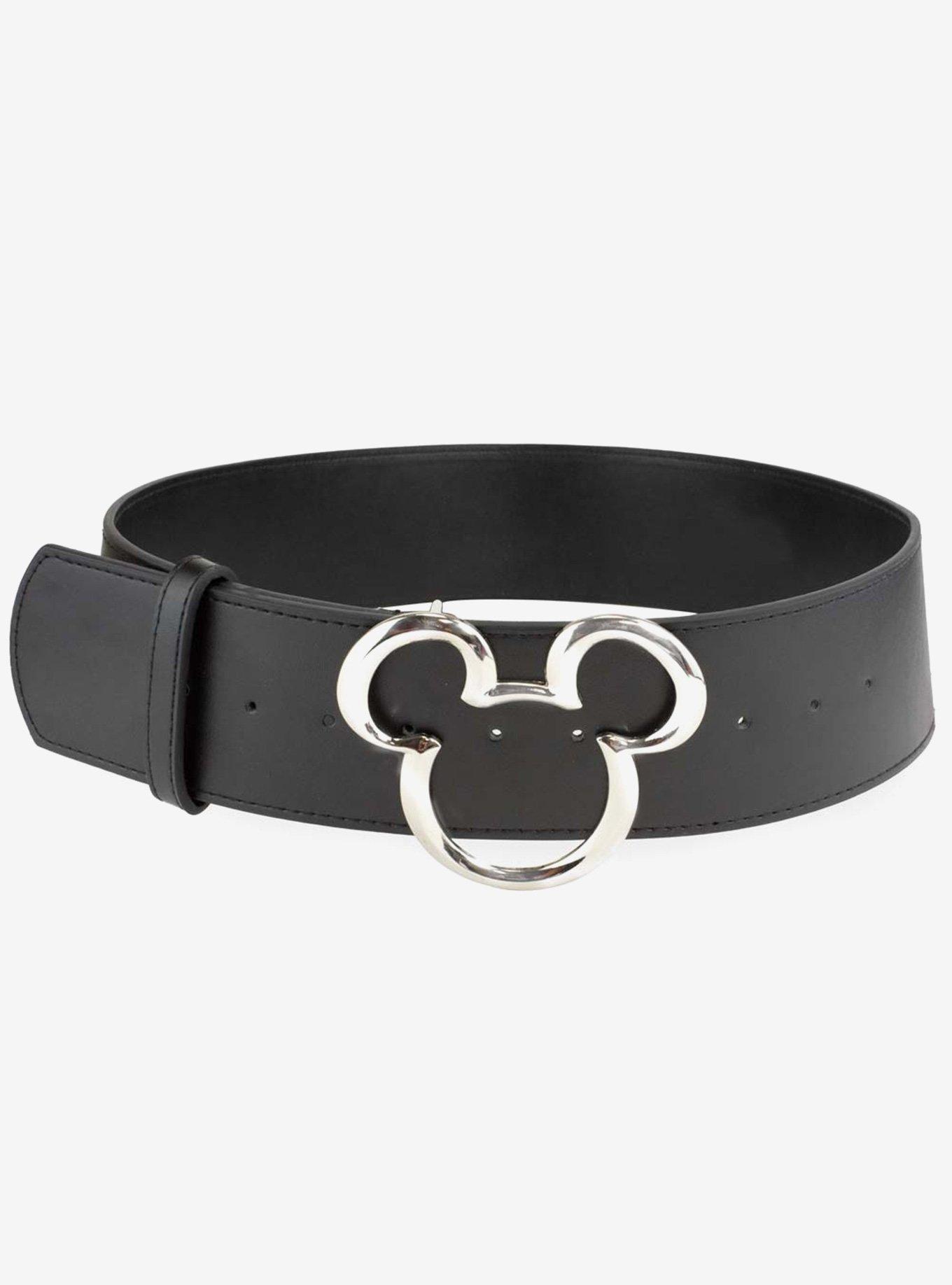 Disney Mickey Mouse Ears Silver Buckle Vegan Leather Belt, BLACK, alternate