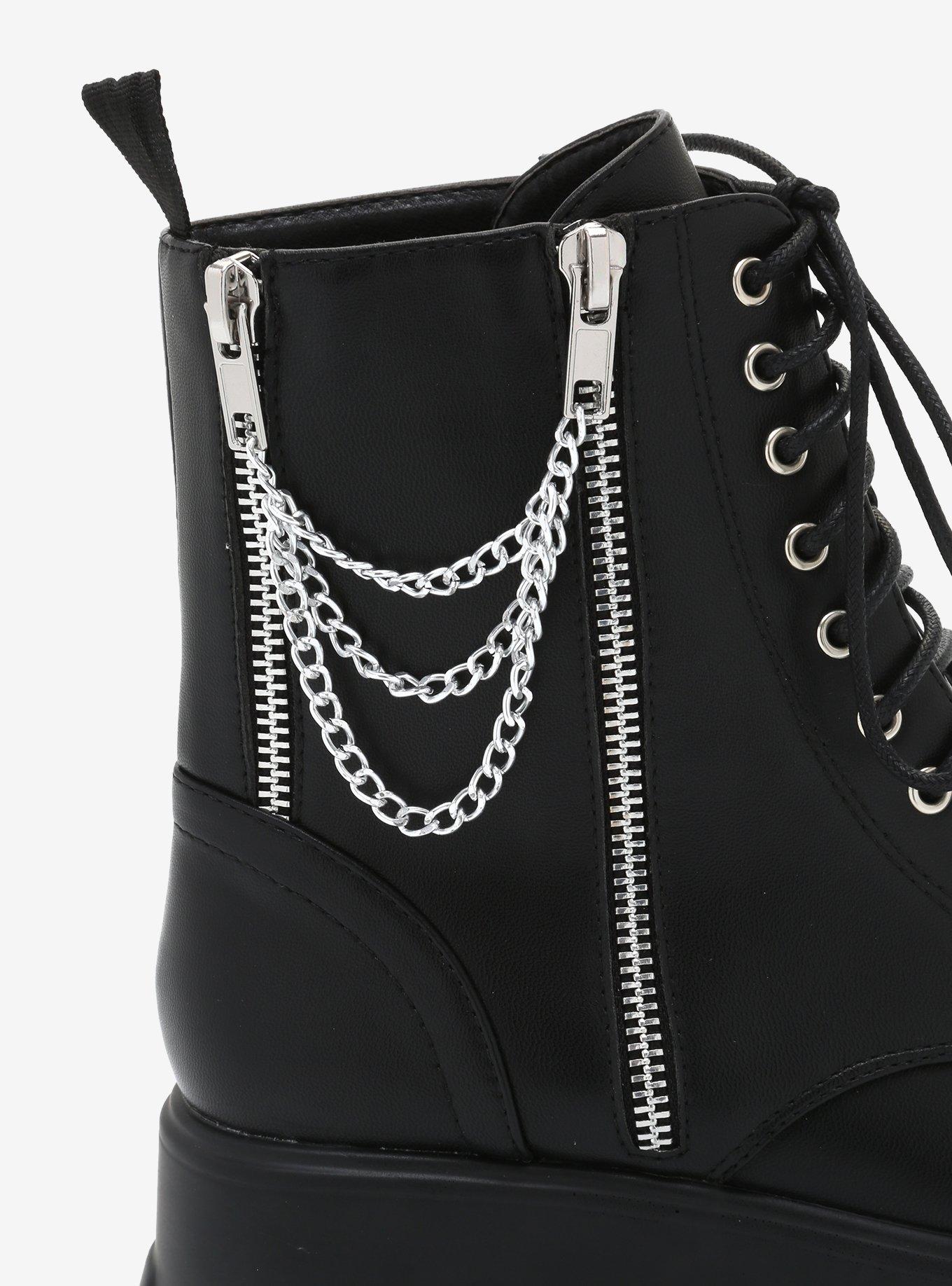 Double Zipper Chain Black Combat Boots, MULTI, alternate