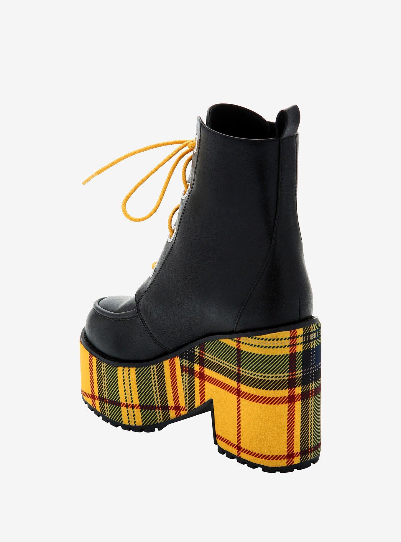 Black Yellow Plaid Platform Booties, MULTI, alternate