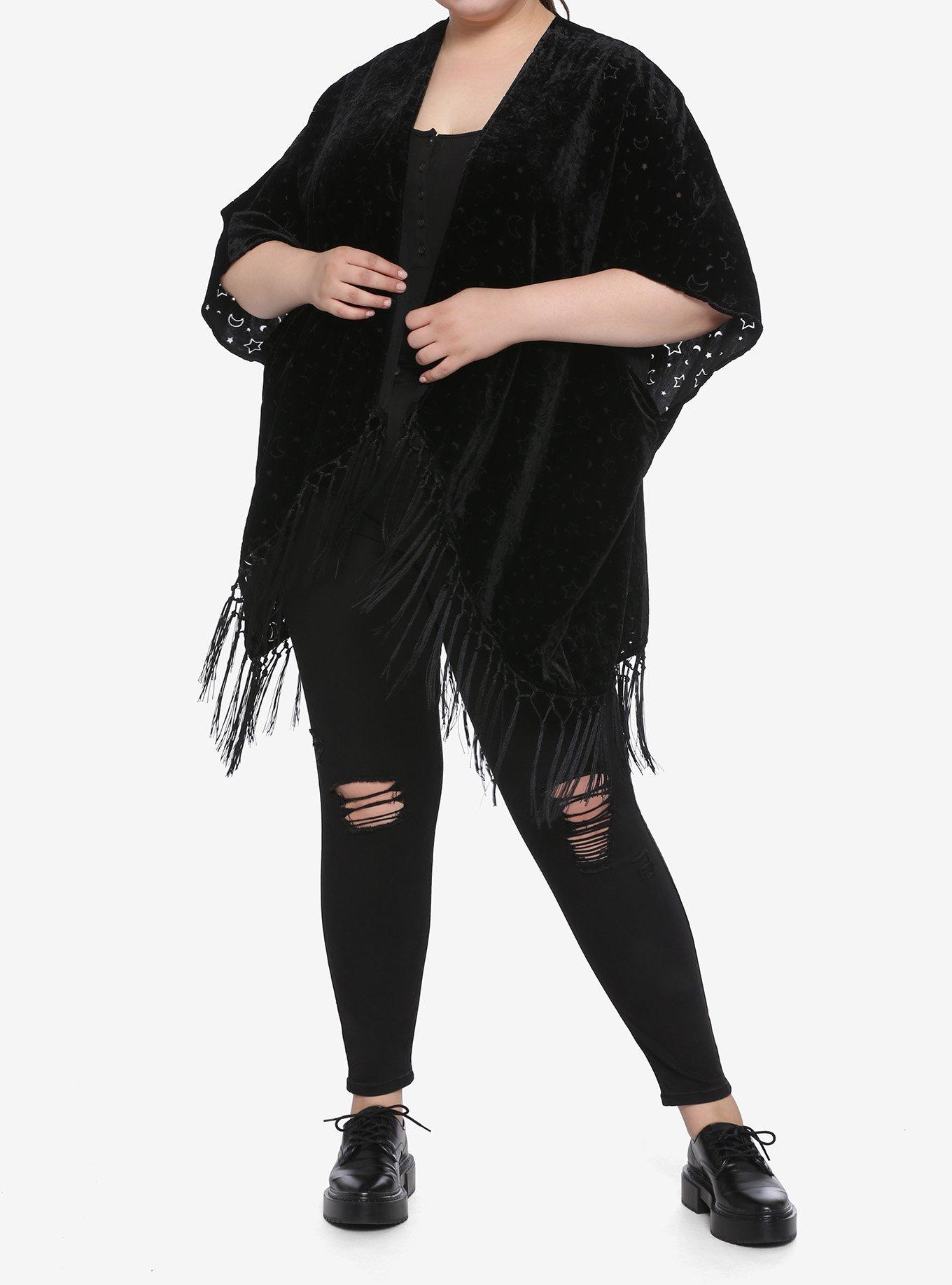 Moon & Star Burnout Velvet Kimono Plus Size, BLACK, alternate