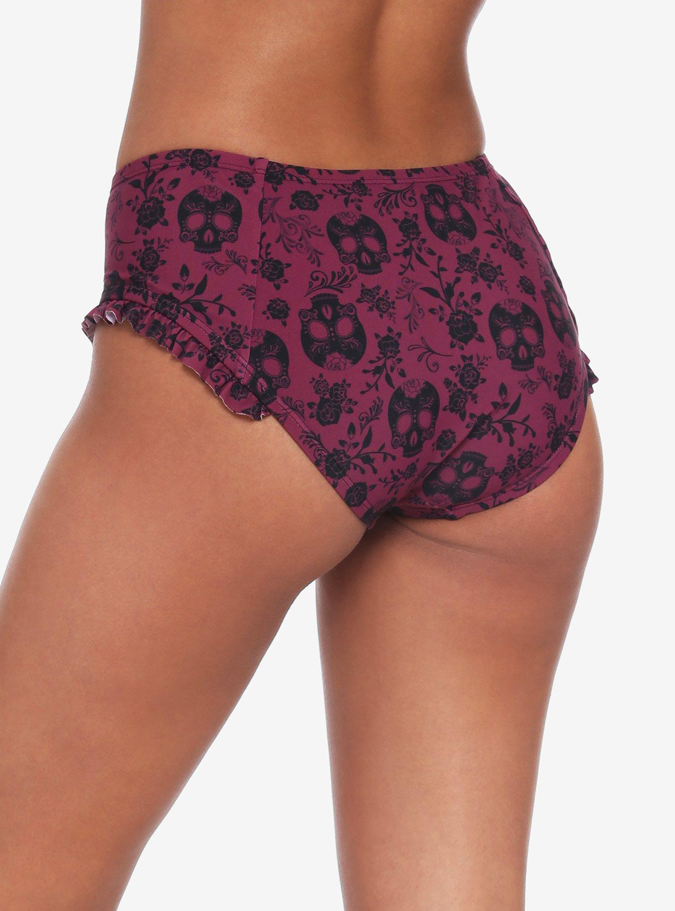 Maroon Floral Sugar Skull High-Waisted Swim Bottoms, RED, alternate