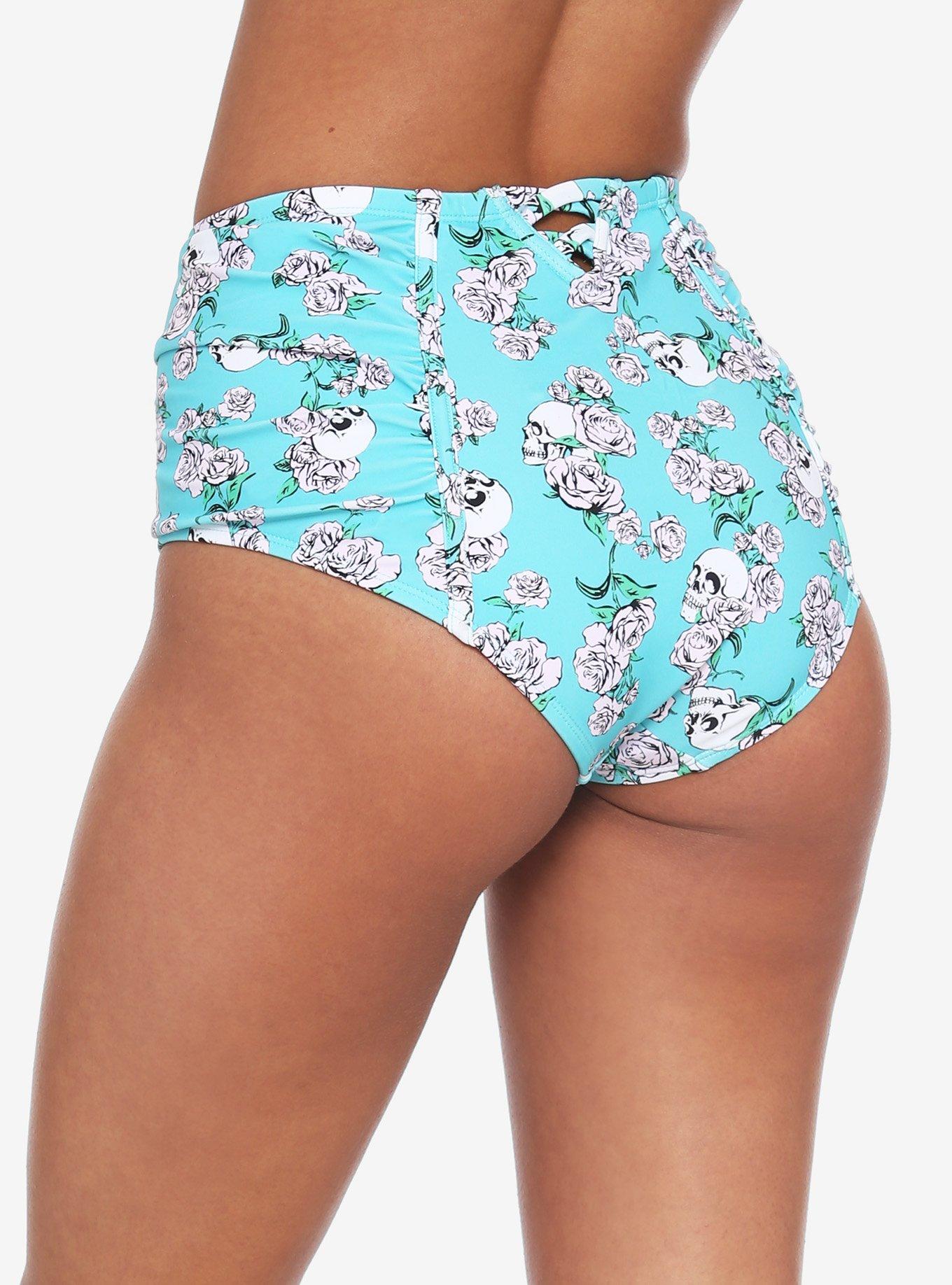 Turquoise Skull Rose High-Waisted Swim Bottoms, BLACK, alternate