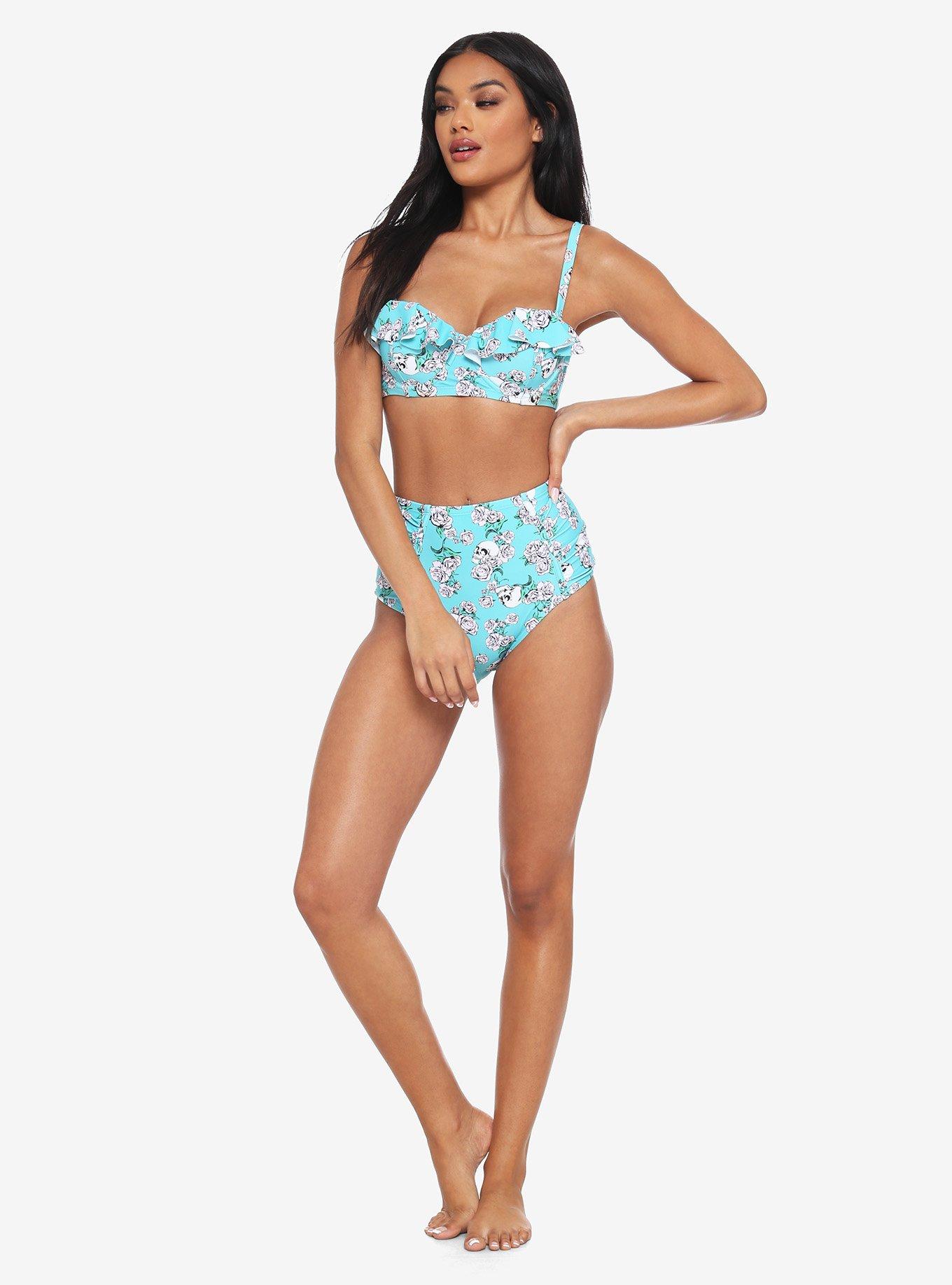 Turquoise Skull Rose High-Waisted Swim Bottoms, BLACK, alternate