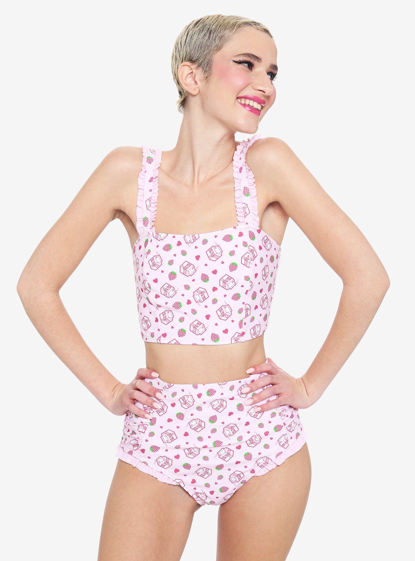 Strawberry Milk Ruffle Swim Top, GREEN, alternate