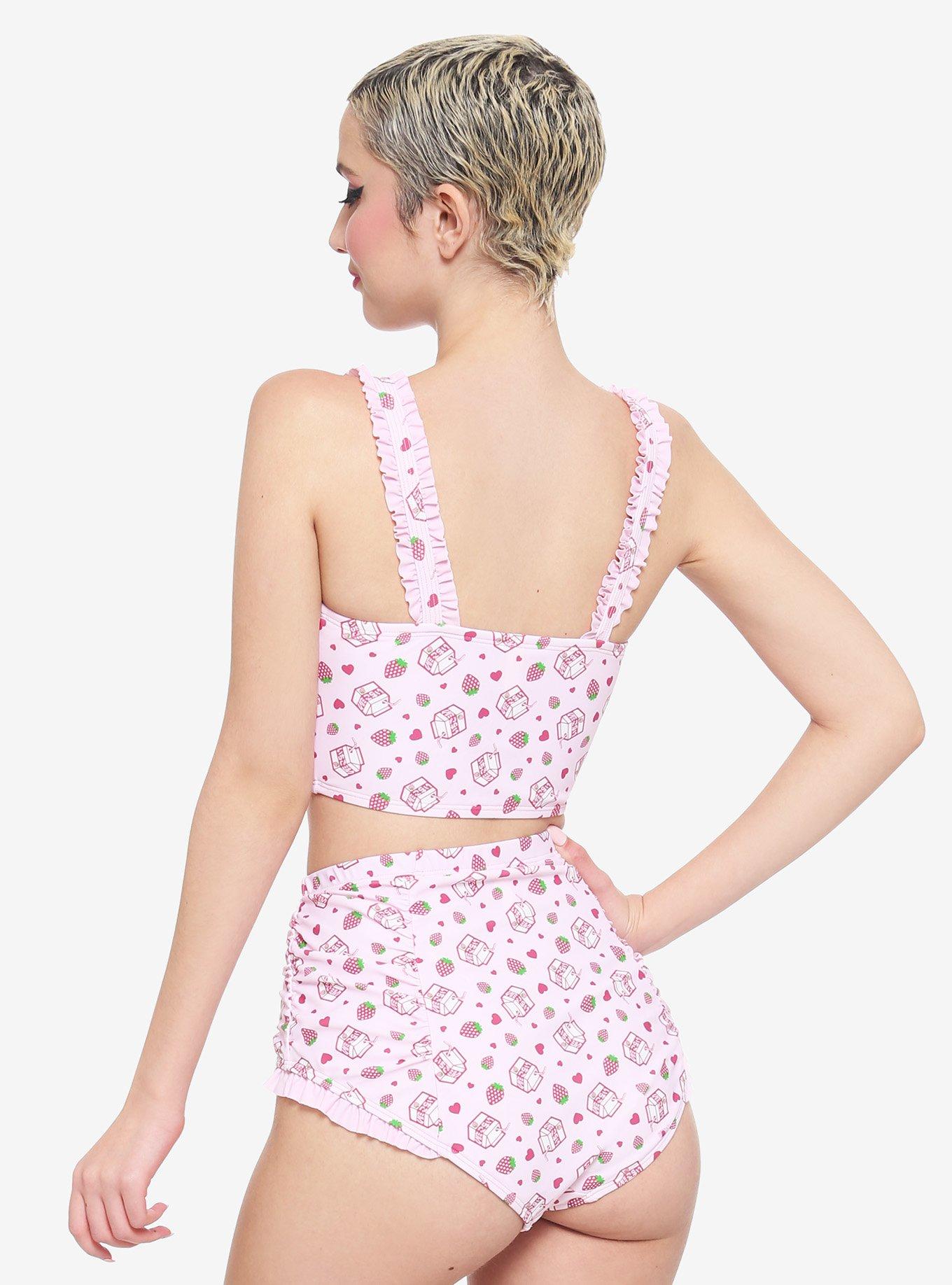 Strawberry Milk Ruffle Swim Top, GREEN, alternate