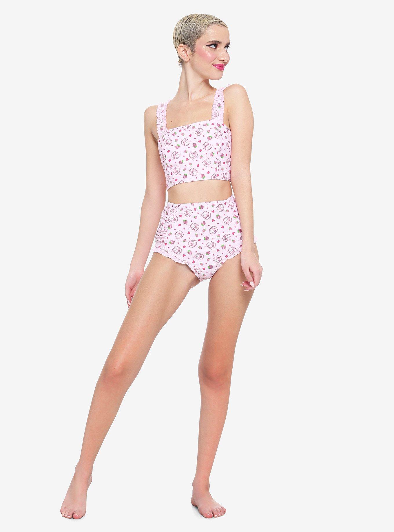Strawberry Milk Ruffle Swim Top, GREEN, alternate