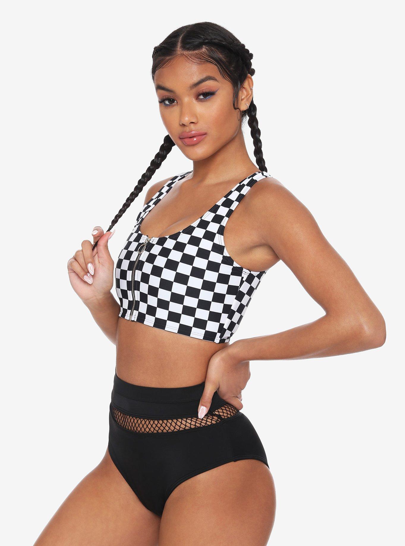 Black & White Checkered O-Ring Swim Top, WHITE, alternate