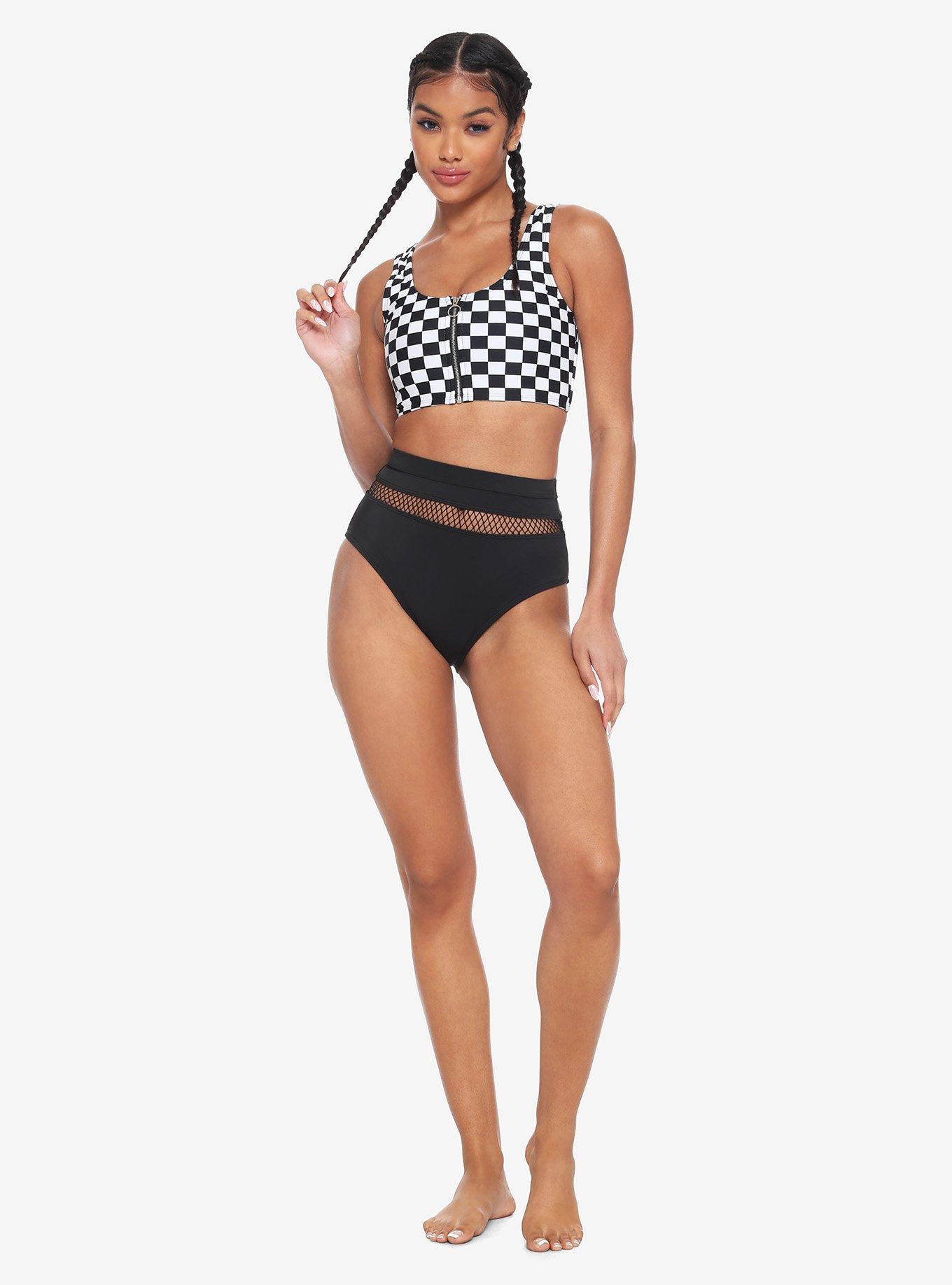 Black & White Checkered O-Ring Swim Top, WHITE, alternate