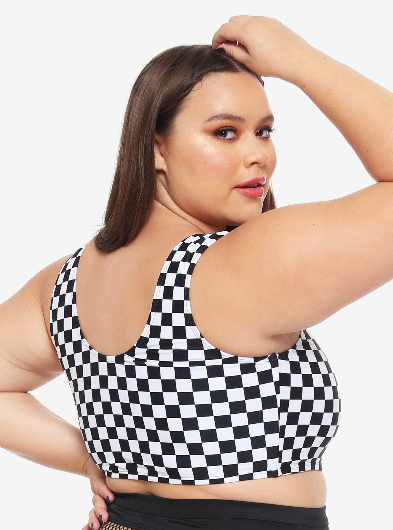Black & White Checkered O-Ring Swim Top Plus Size, WHITE, alternate