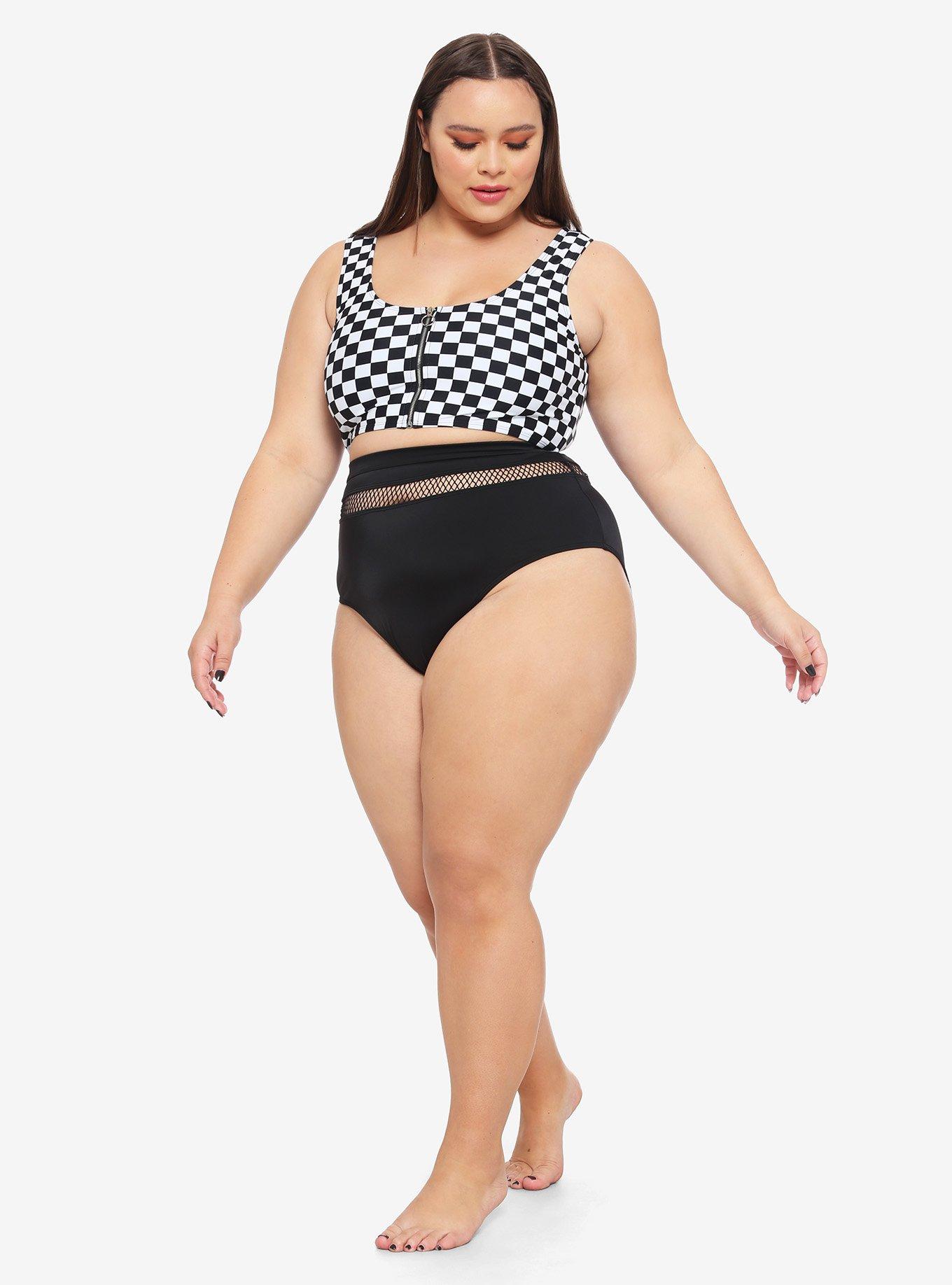 Black & White Checkered O-Ring Swim Top Plus Size, WHITE, alternate