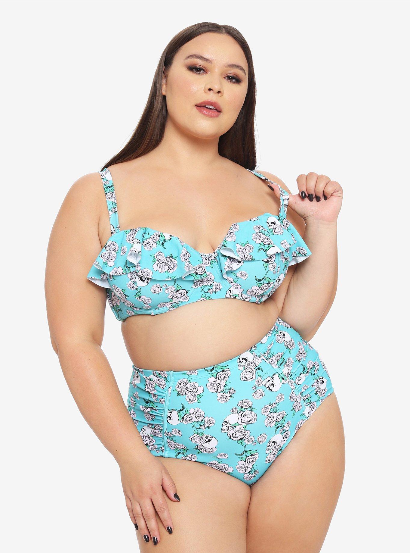 Turquoise Skull Rose Ruffle Bandeau Swim Top Plus Size, MULTI, alternate
