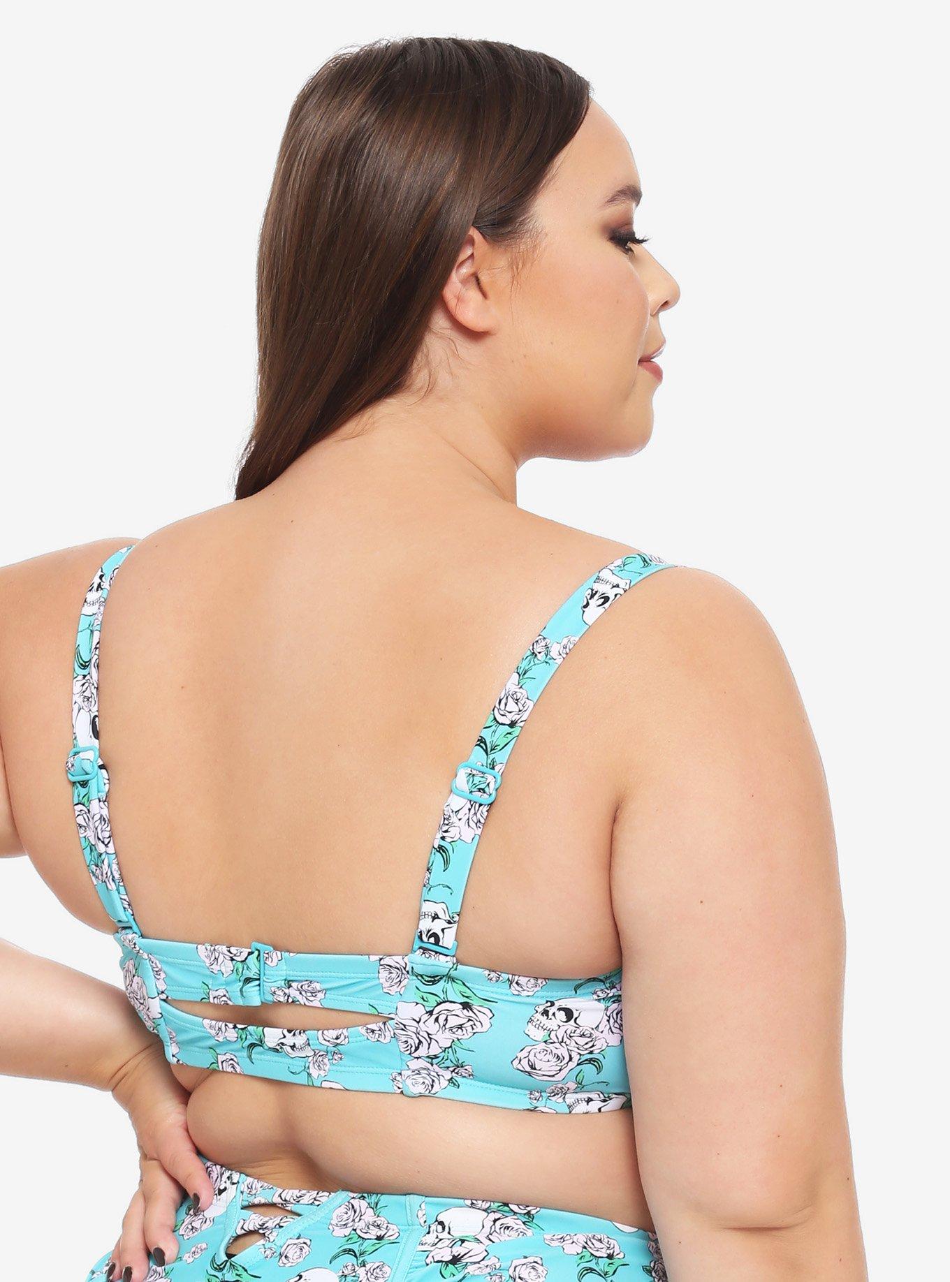 Turquoise Skull Rose Ruffle Bandeau Swim Top Plus Size, MULTI, alternate