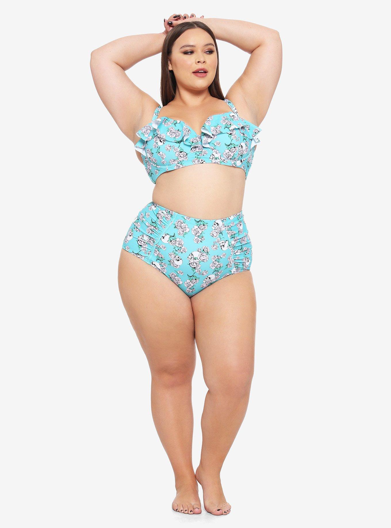 Turquoise Skull Rose Ruffle Bandeau Swim Top Plus Size, MULTI, alternate