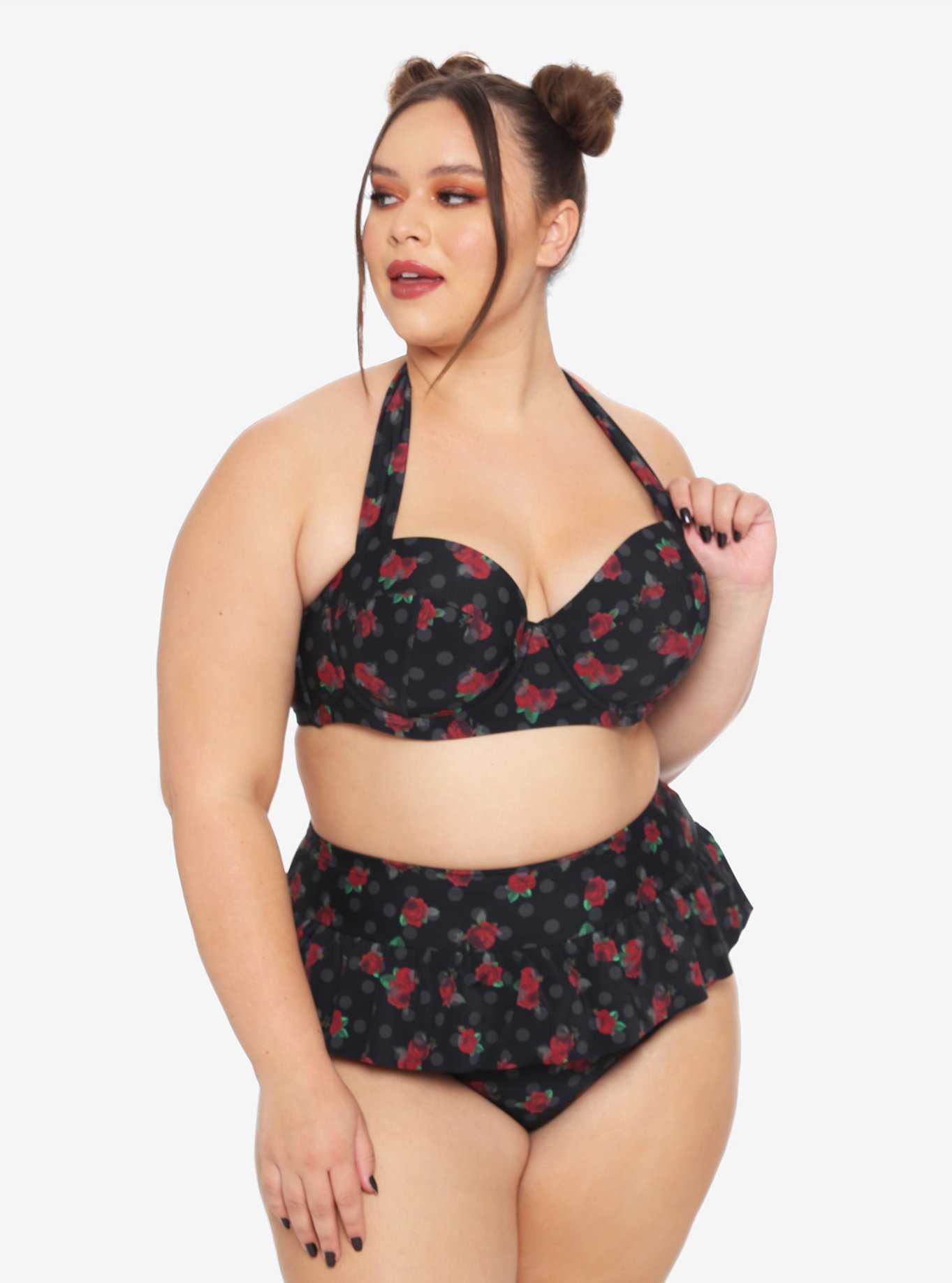 Rose Polka Dot Halter Swim Top Plus Size, , hi-res