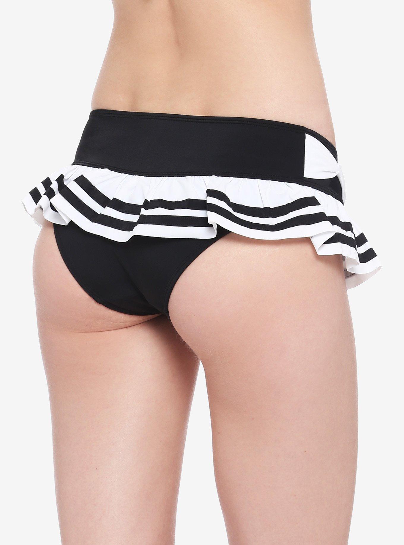 Black & White Stripe Bow Skirted Swim Bottoms, WHITE, alternate